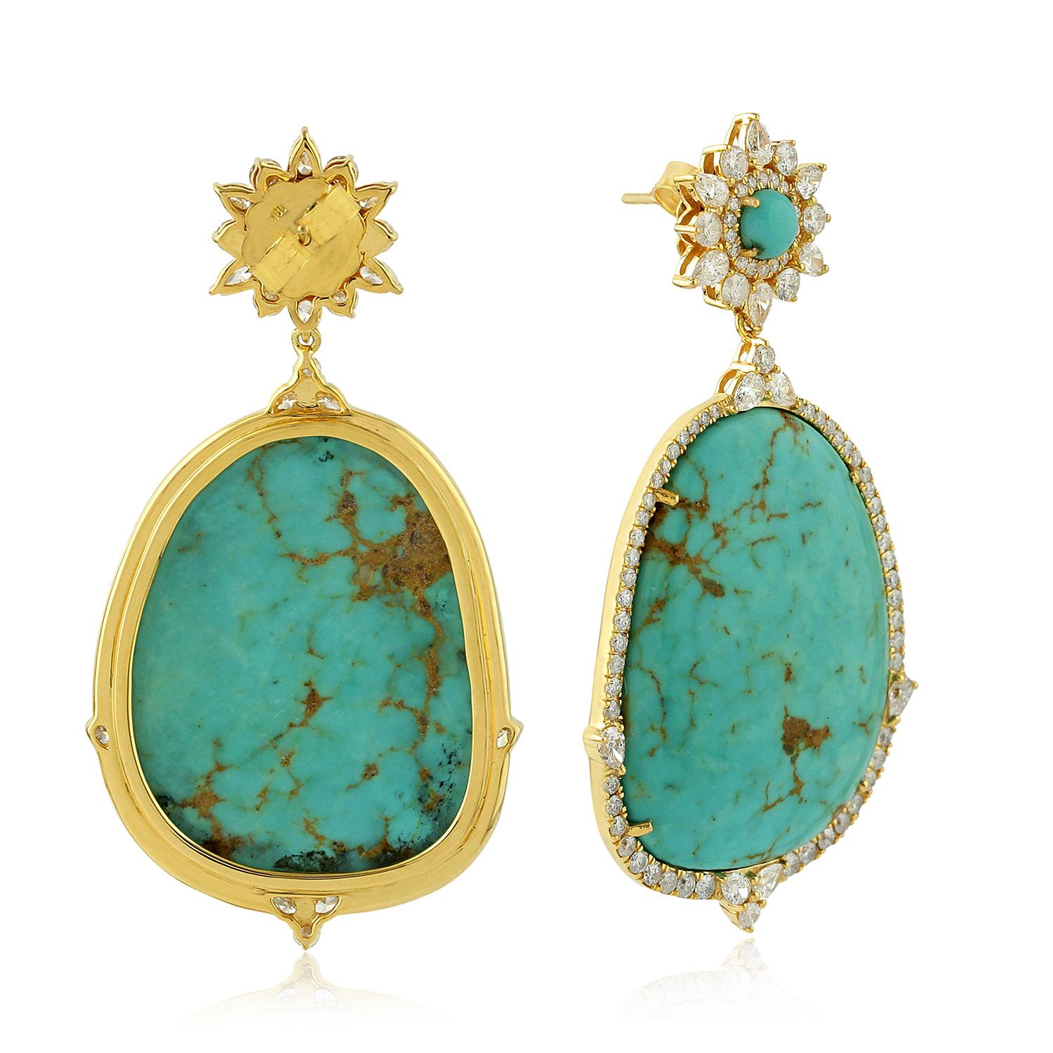 Artisan Turquoise Dangle Earrings With Diamonds Made In 18k Yellow Gold For Sale