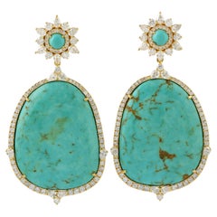 Turquoise Dangle Earrings With Diamonds Made In 18k Yellow Gold