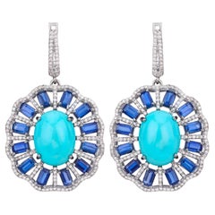 Vintage Turquoise Dangle Earrings With Kyanites and Diamonds 23.62 Carats