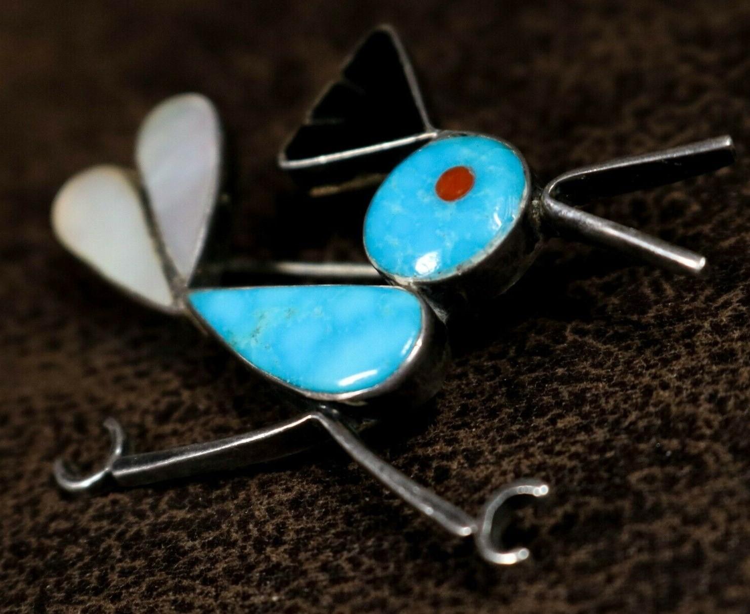 Fabulous Vintage Roadrunner Brooch, Flush Hand set Inlay of Turquoise, Coral and Mother of Pearl. Signed: DAVE MEUMANN. Hand crafted Sterling Silver mounting. Measures approx. 2