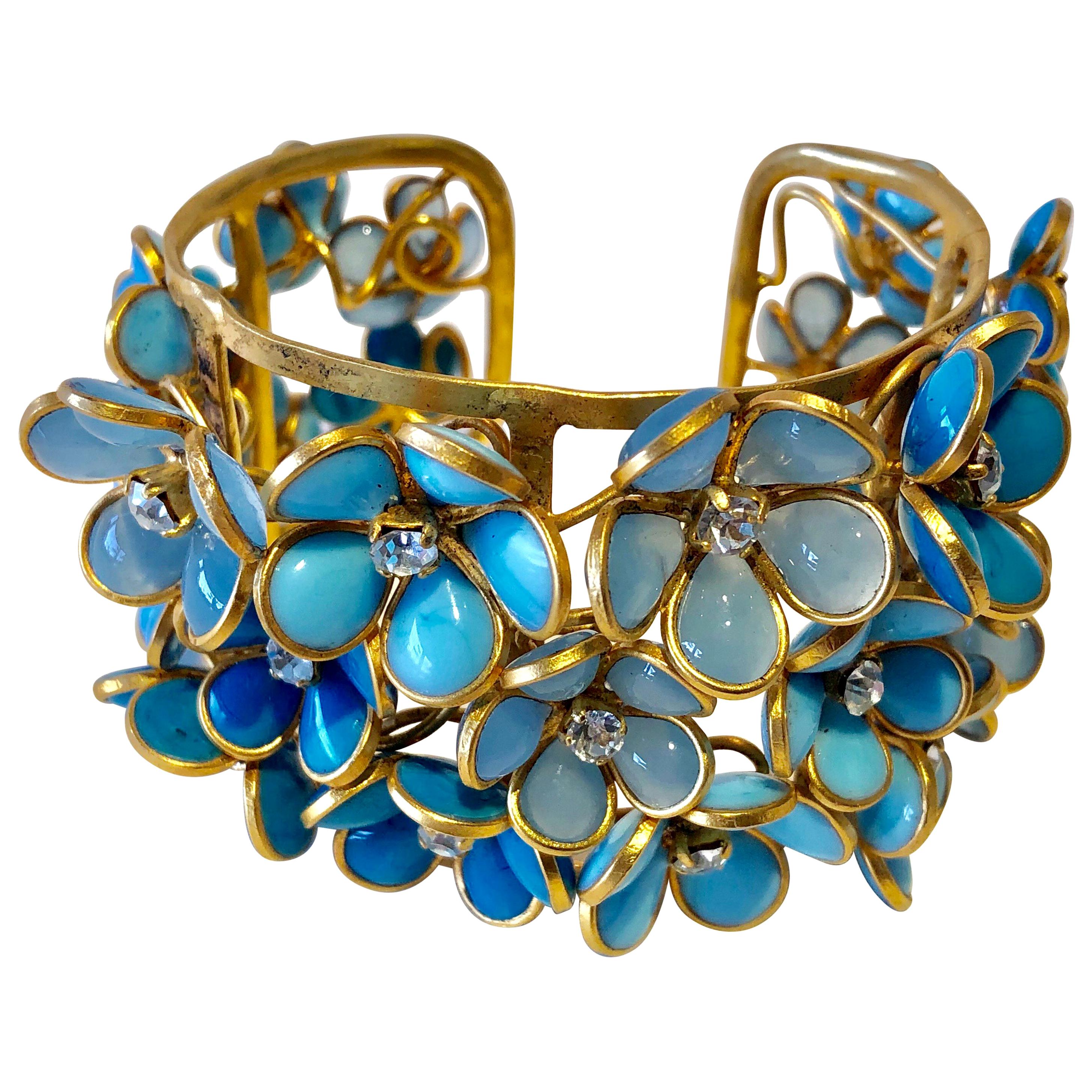 Turquoise Diamanté Flower "Pate de Verre"  Cuff Bracelet
