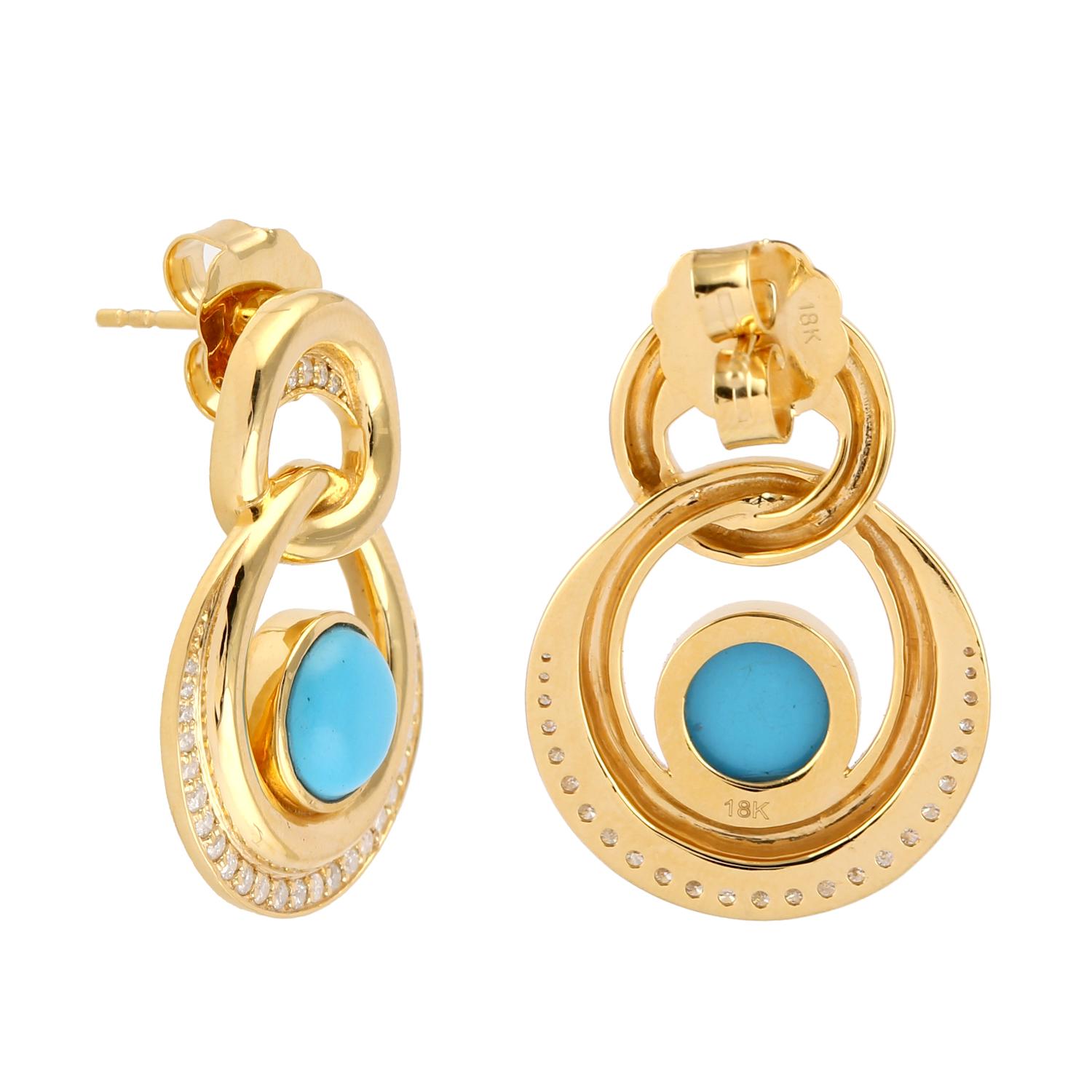 Modern Turquoise Diamond 14 Karat Gold Interlocking Earrings For Sale