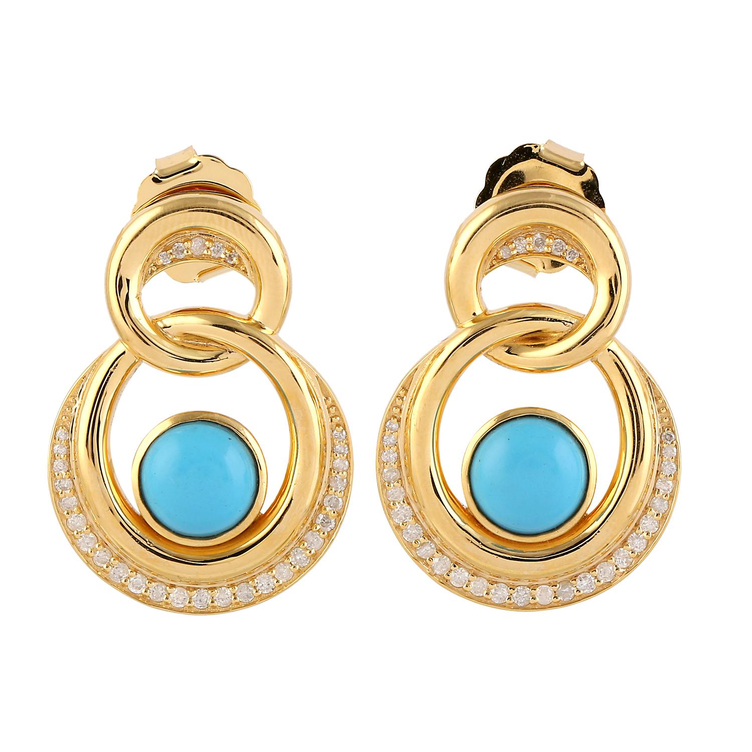 Mixed Cut Turquoise Diamond 14 Karat Gold Interlocking Earrings For Sale