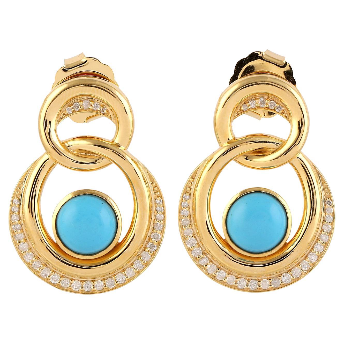 Turquoise Diamond 14 Karat Gold Interlocking Earrings For Sale