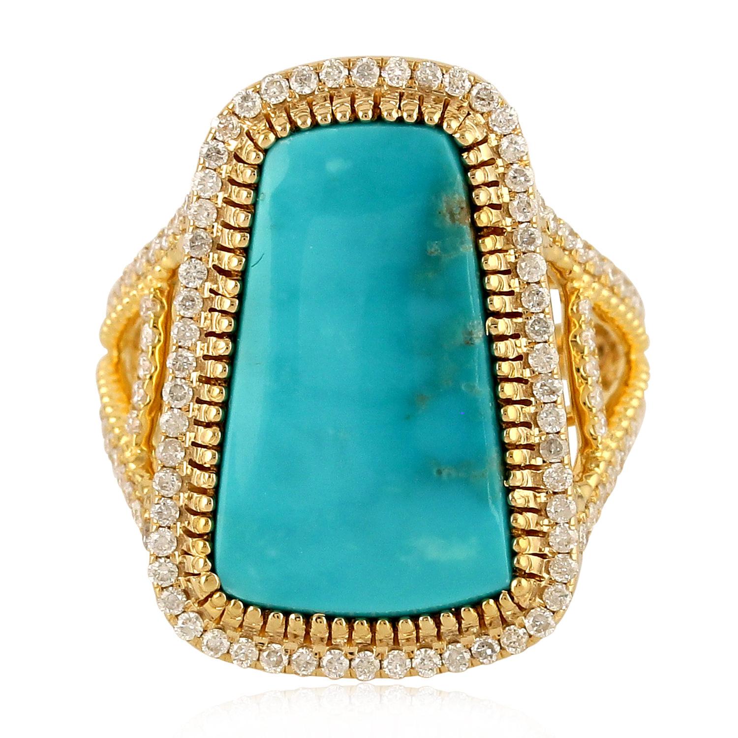 This ring has been meticulously crafted from 14-karat gold, 8.25 carats of turquoise and set with .70 carats of turquoise sparkling diamonds. 

The ring is a size 7 and may be resized to larger or smaller upon request. 
FOLLOW  MEGHNA JEWELS