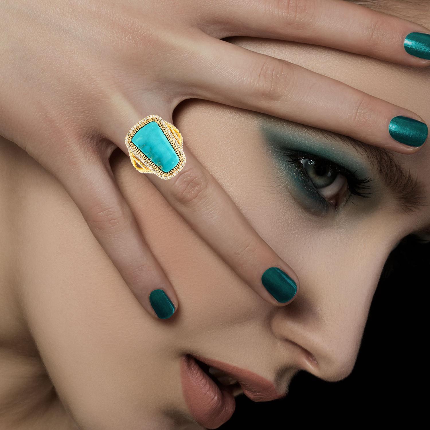 Modern Turquoise Diamond 14 Karat Gold Ring For Sale