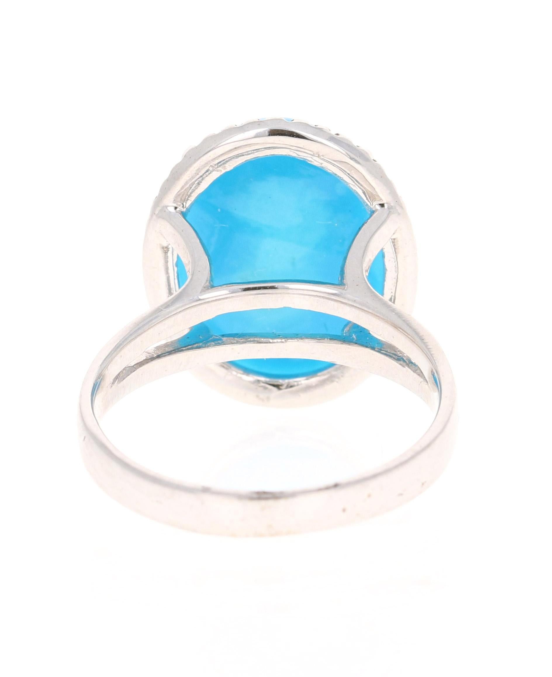 Oval Cut Turquoise Diamond 14 Karat White Gold Cocktail Ring