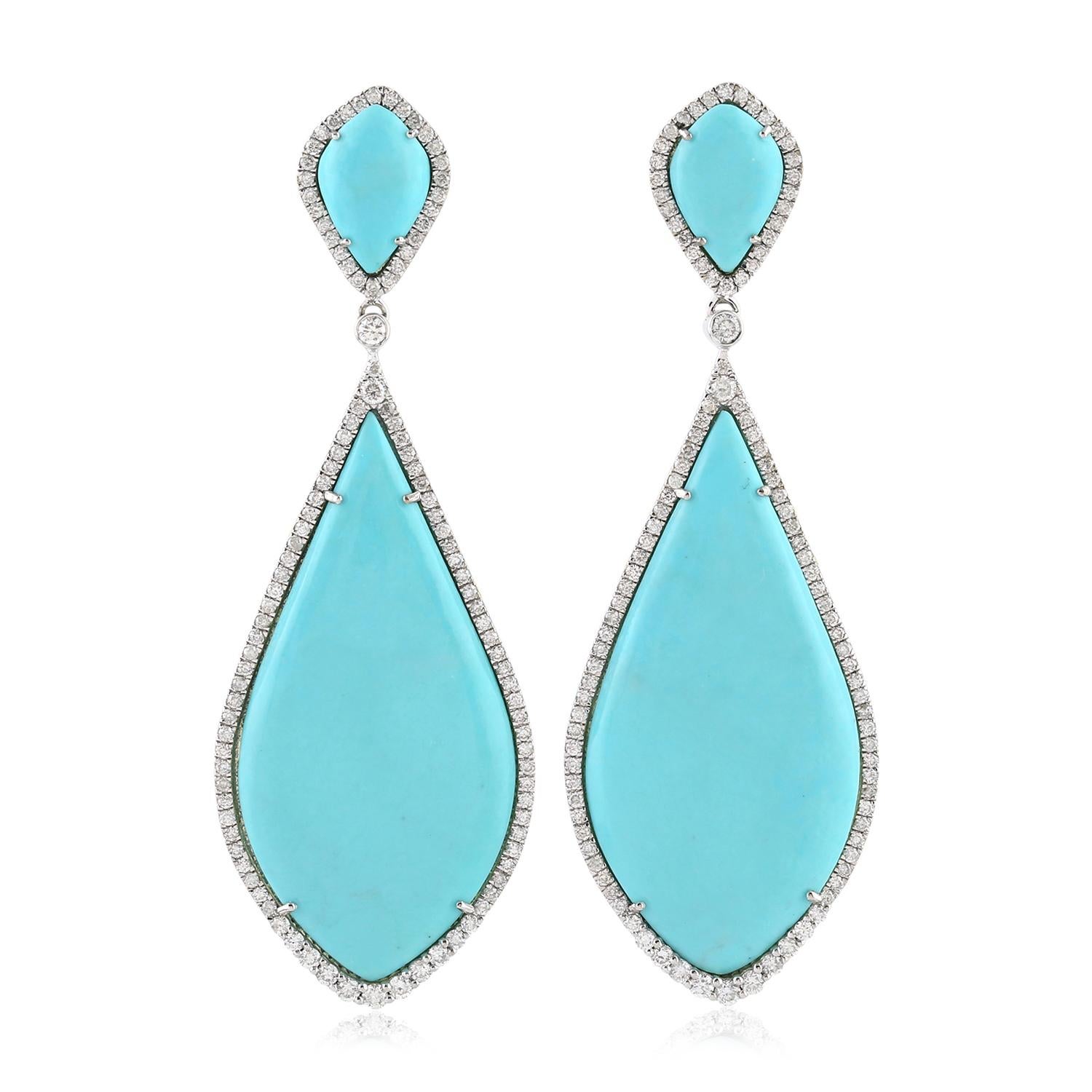 Turquoise Diamond 14 Karat White Gold Earrings (Gemischter Schliff) im Angebot