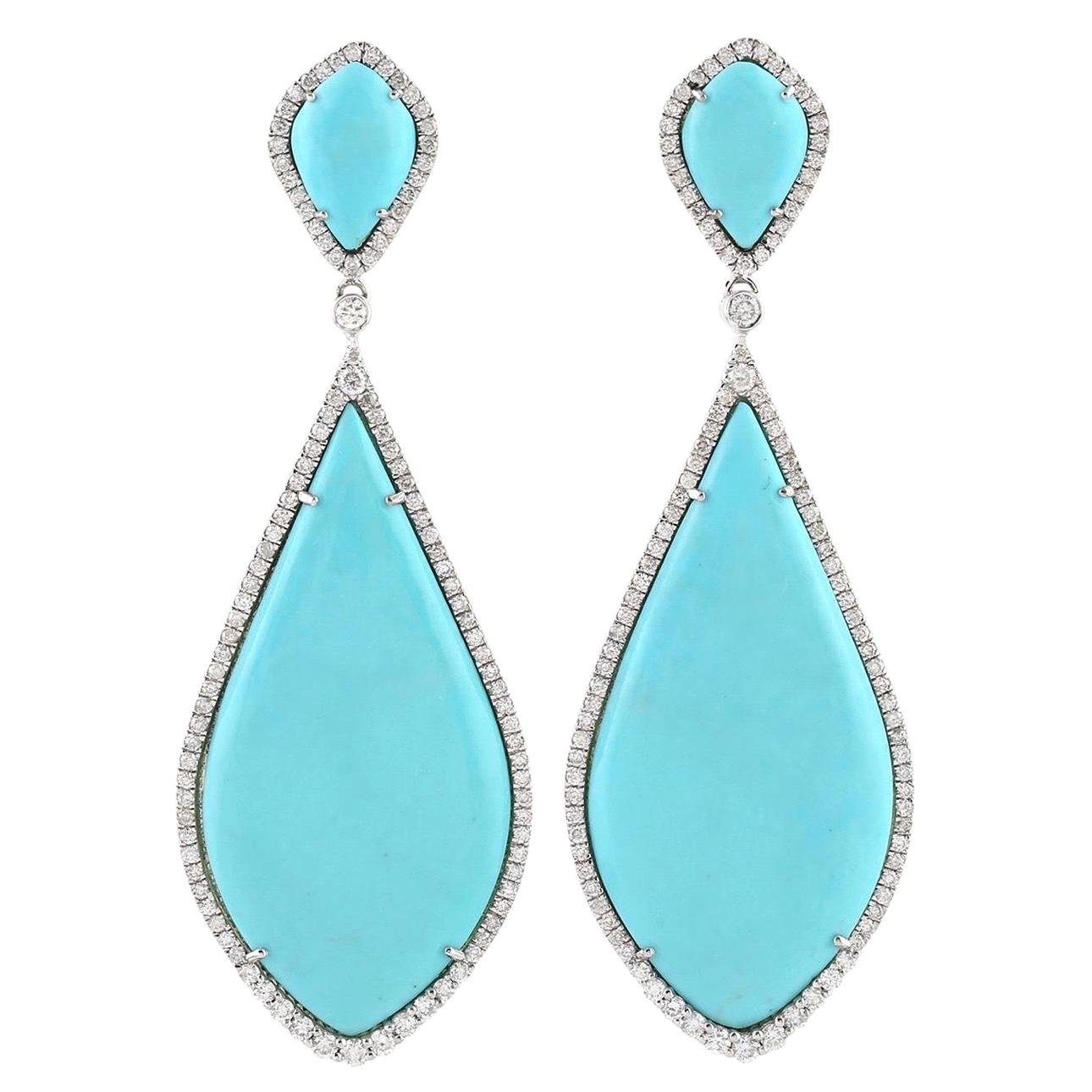 Turquoise Diamond 14 Karat White Gold Earrings