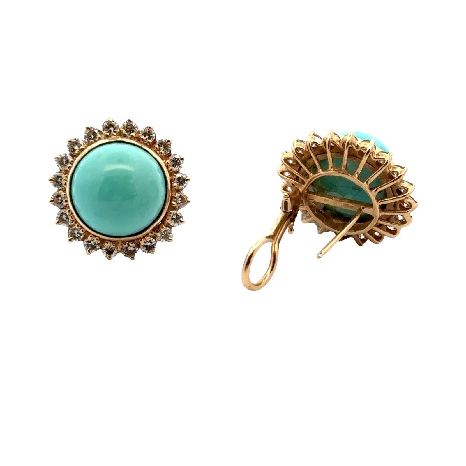 Round Cut Turquoise & Diamond 14 Karat Yellow Gold Lever-Back Vintage Earrings