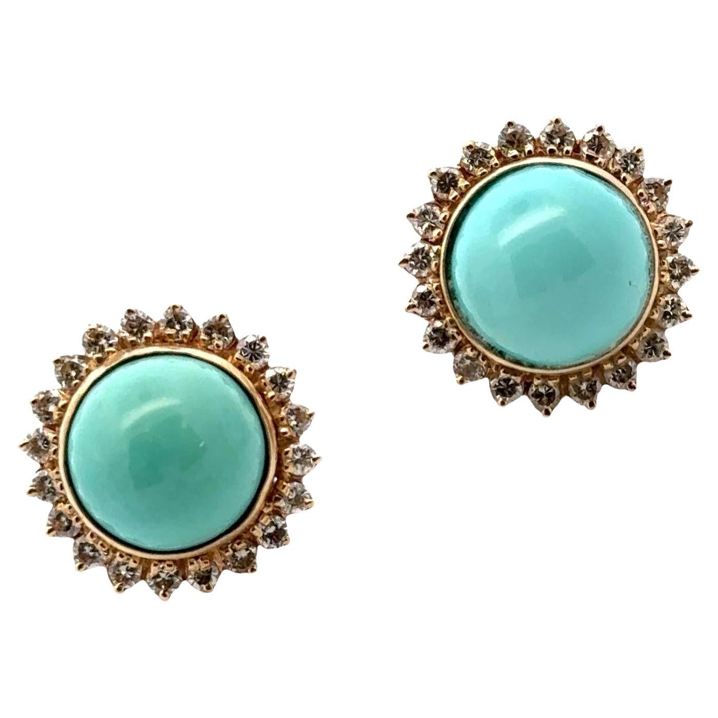 Turquoise & Diamond 14 Karat Yellow Gold Lever-Back Vintage Earrings For Sale