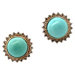 Turquoise & Diamond 14 Karat Yellow Gold Lever-Back Vintage Earrings