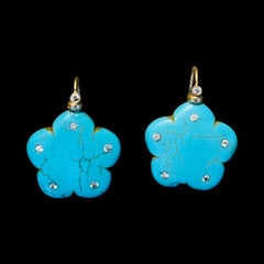 Turquoise Flower Earrings with Twelve Diamonds & 14k Gold