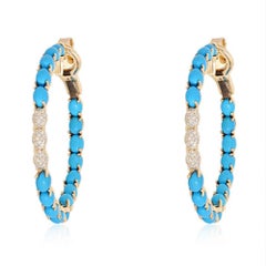 6.51ct Turquoise & Diamond 14K Yellow Gold Hoop Earrings