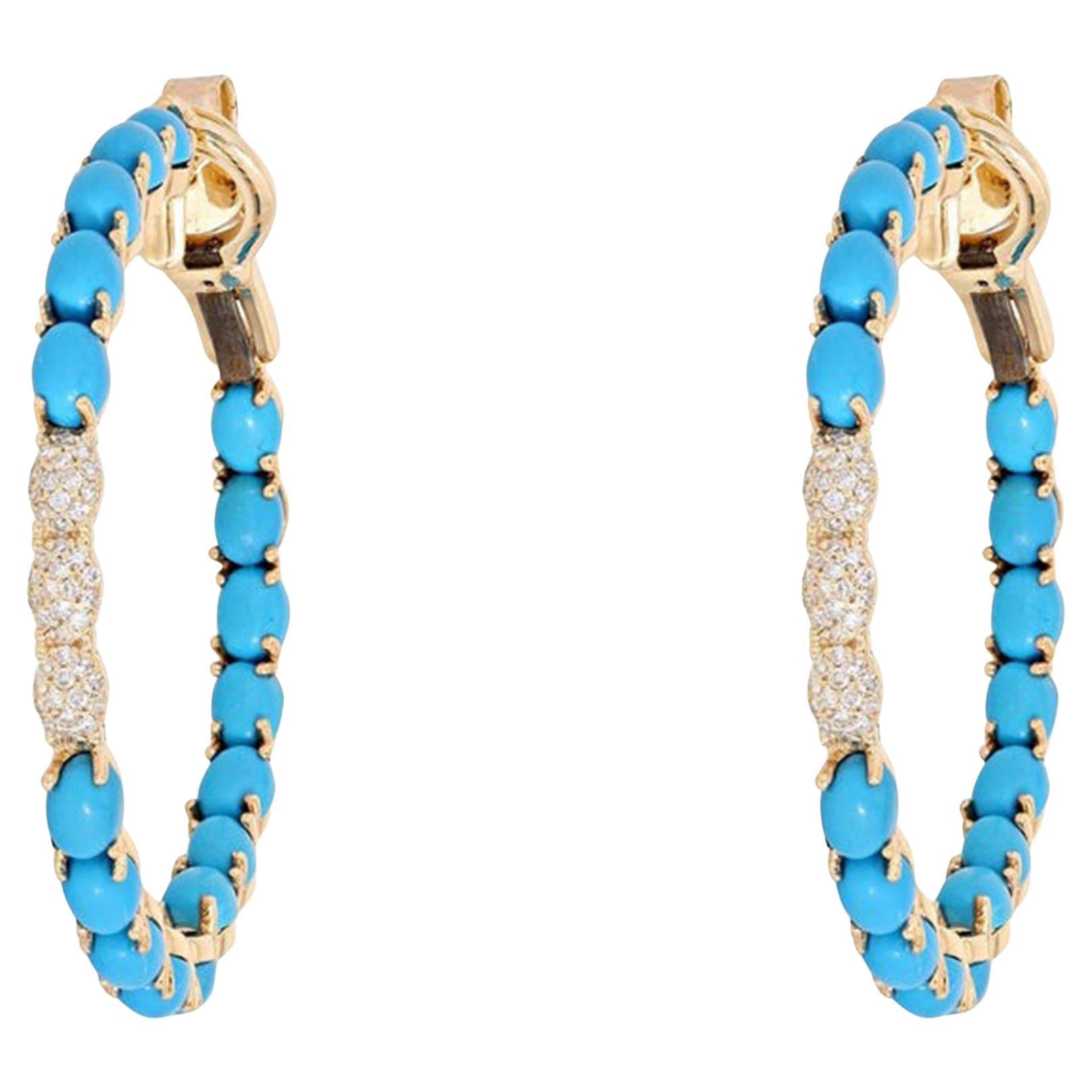 6.51ct Turquoise & Diamond 14K Yellow Gold Hoop Earrings