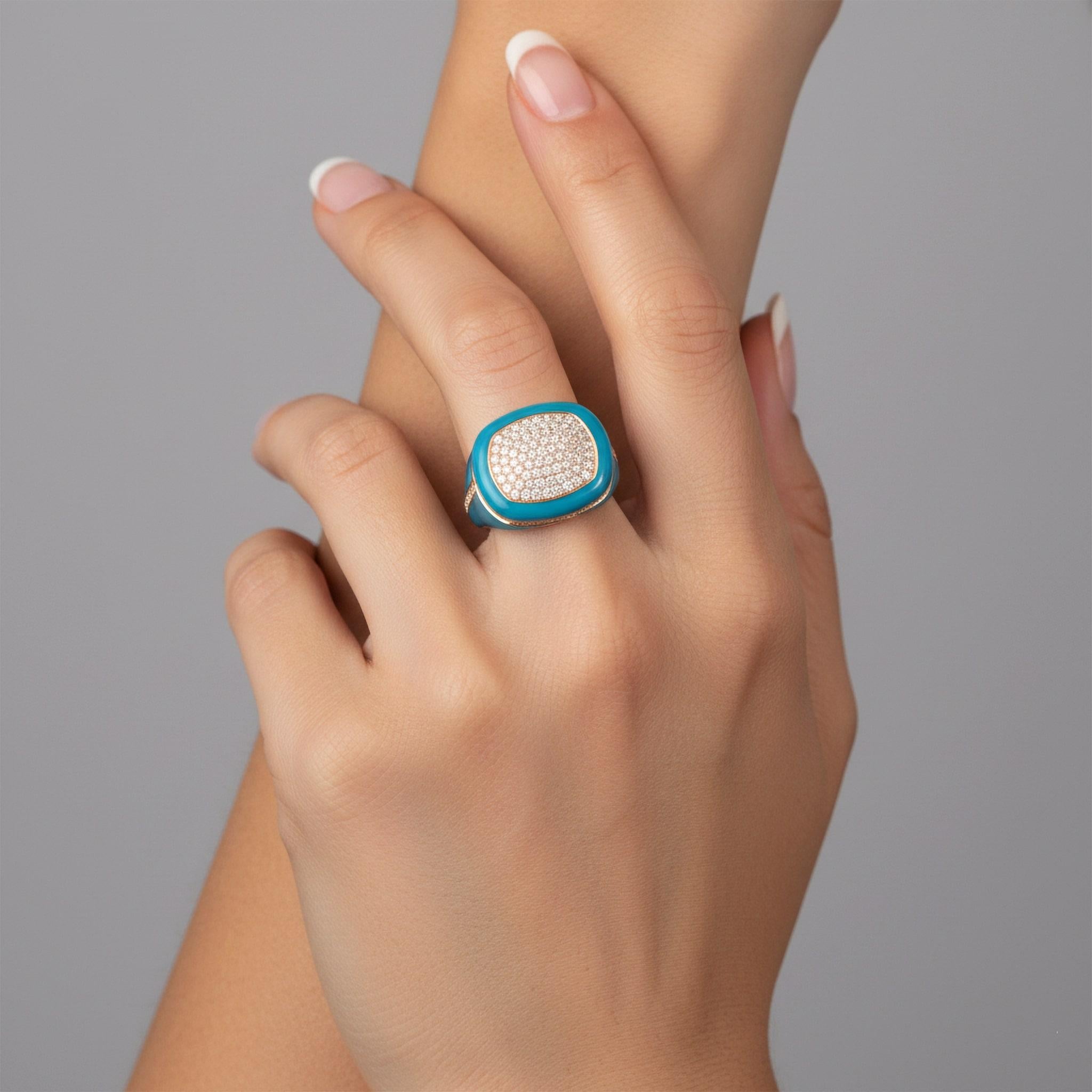 in vendita:  Anello con diamante turchese e smalto in oro giallo 14K (o 18k su richiesta) 2