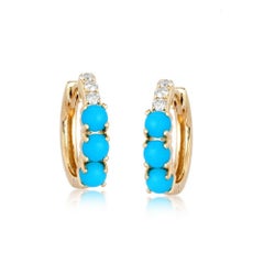 Turquoise Diamond 14K (or 18k upon request) Yellow Gold Huggies Earrings