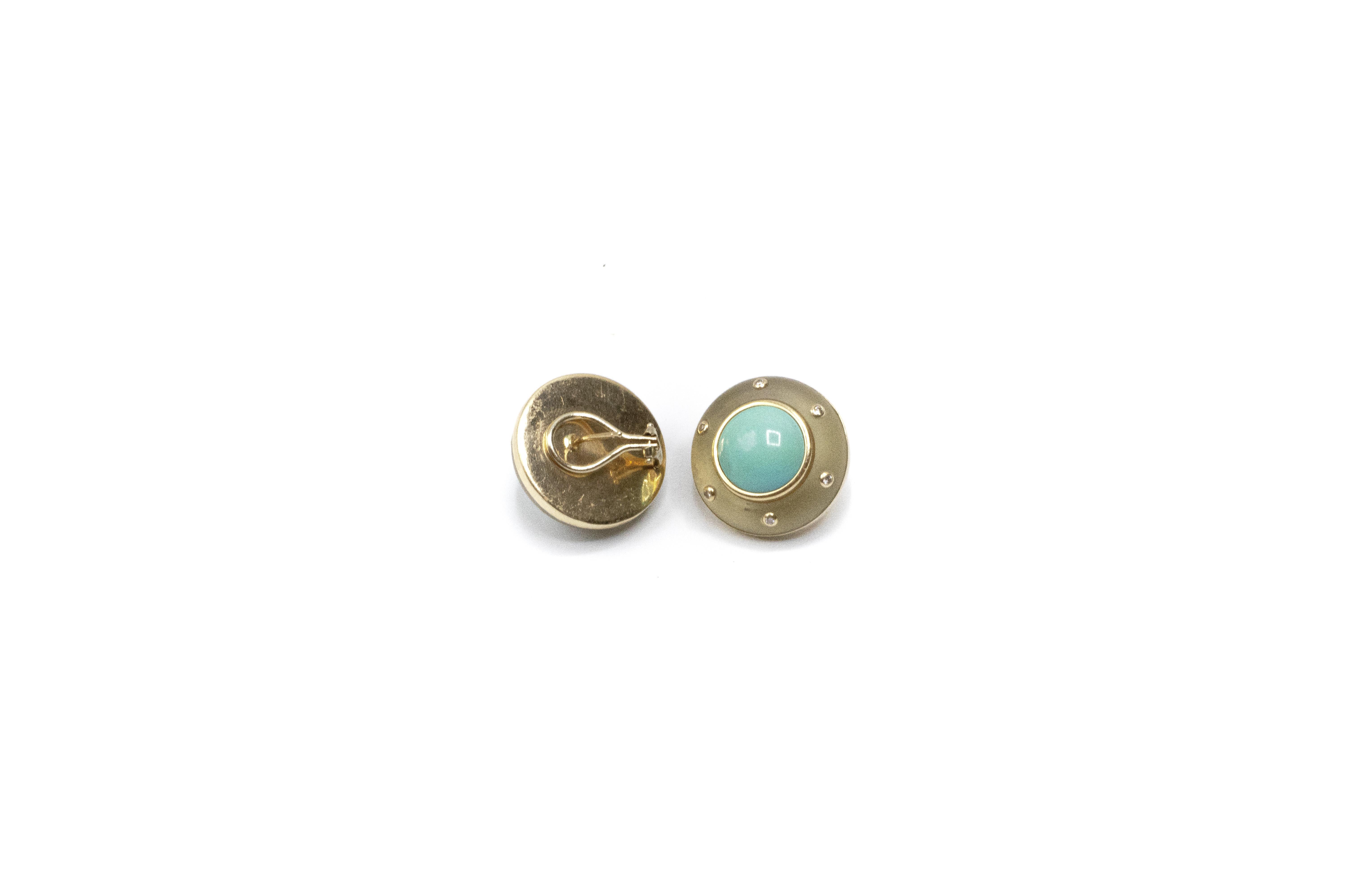 Turquoise Diamond 14kt Gold Earrings. Turquoise cabochon centers with six diamonds on each earring. Total weight 22.66