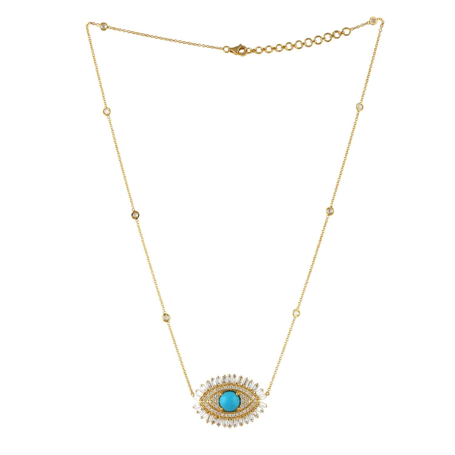 Türkis-Diamant-Halskette aus 18 Karat Gold mit bösen Augen (Baguetteschliff) im Angebot