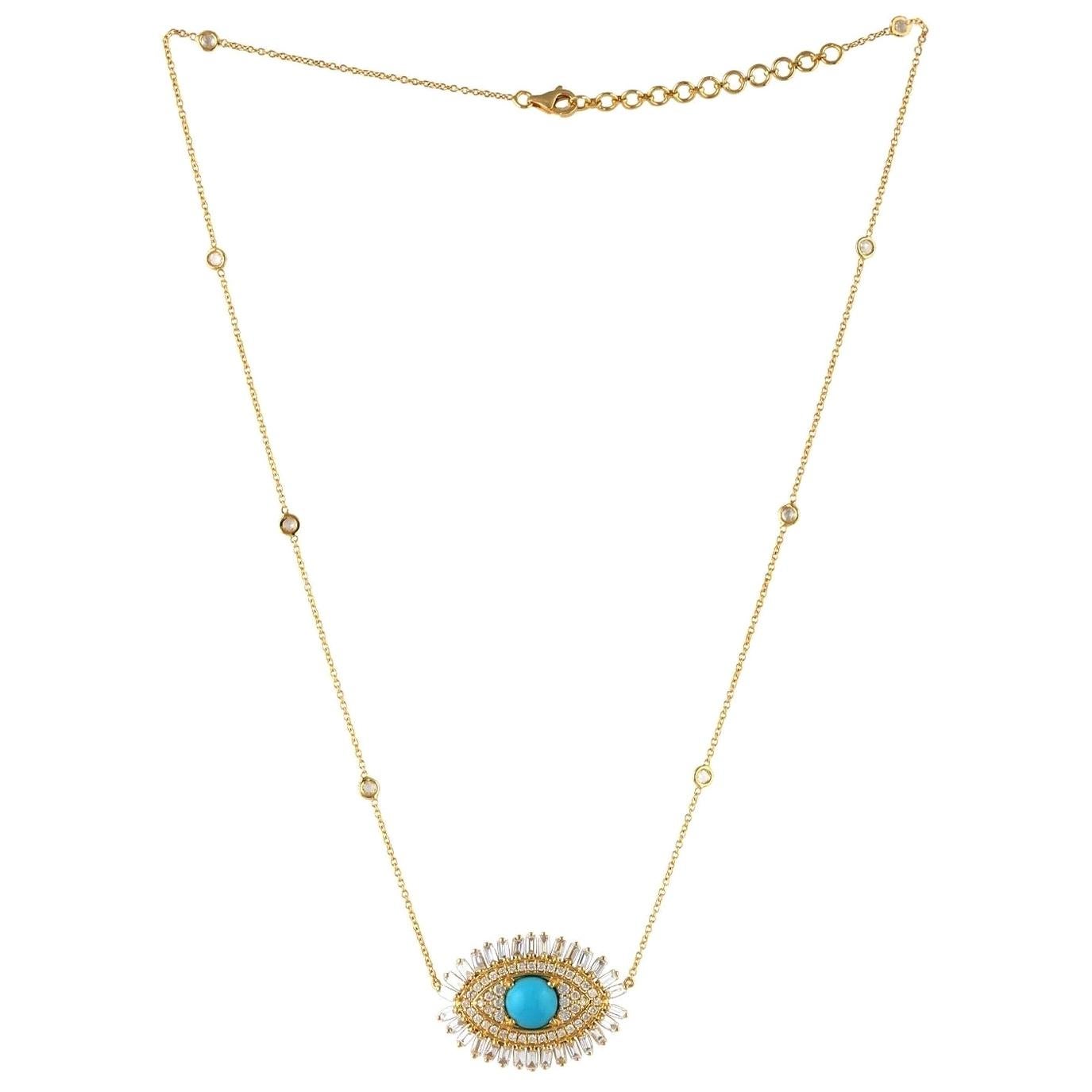 Turquoise Diamond 18 Karat Gold Evil Eye Necklace For Sale