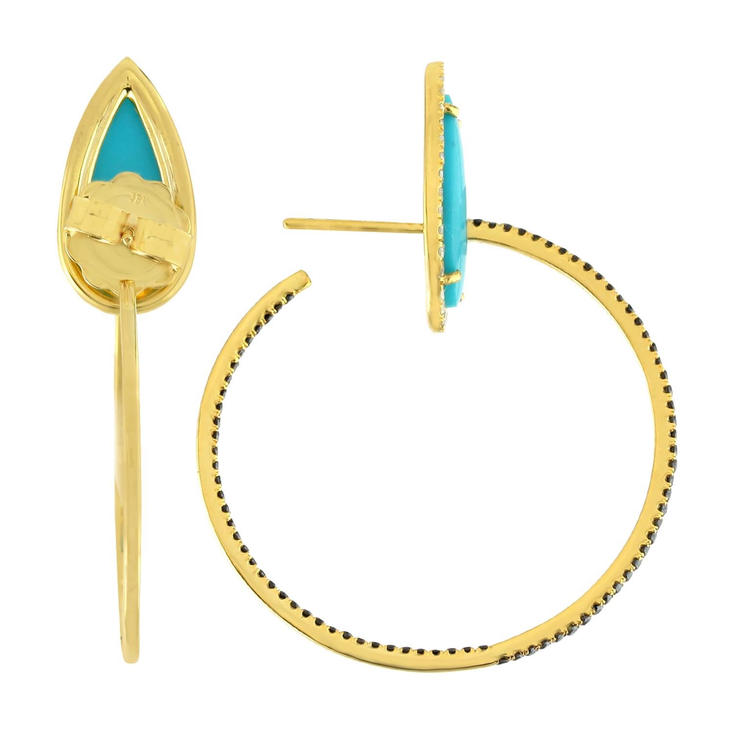 Contemporary Turquoise Diamond 18 Karat Gold Hoop Earrings For Sale
