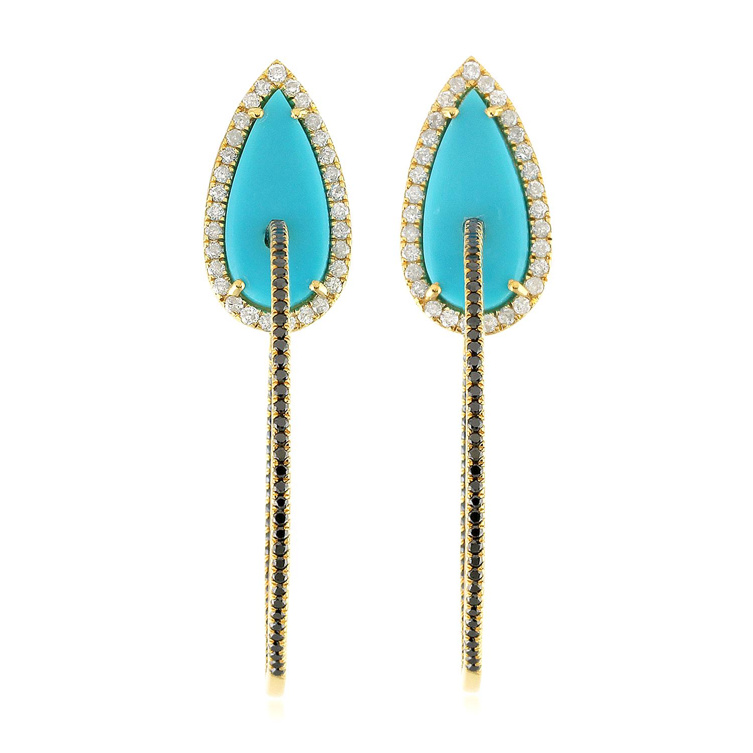 Pear Cut Turquoise Diamond 18 Karat Gold Hoop Earrings For Sale