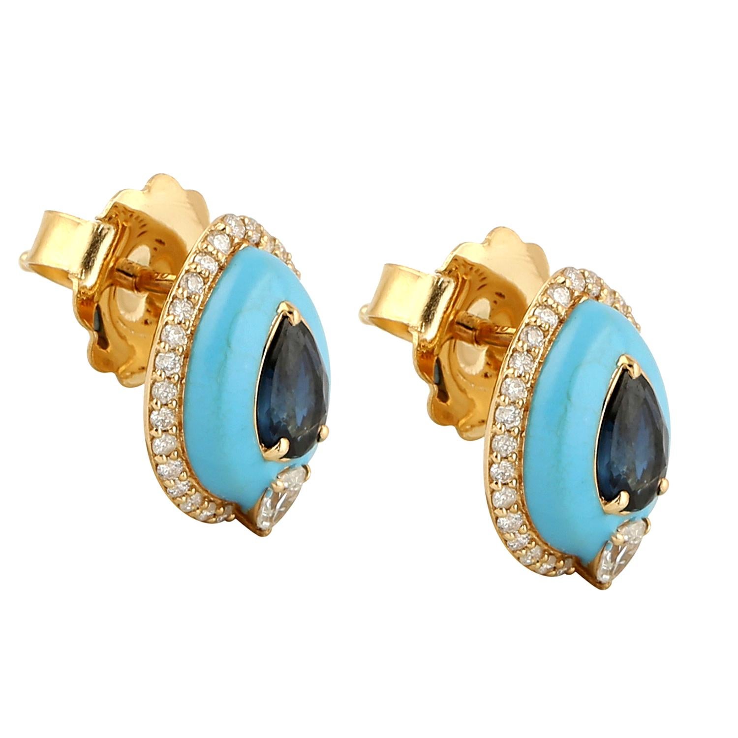 Meghna Jewels Türkis-Diamant-Ohrstecker aus 14 Karat Gold (Gemischter Schliff) im Angebot