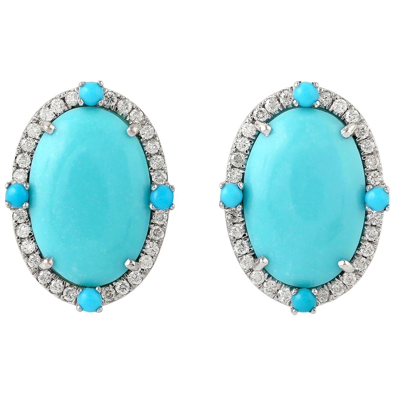 Turquoise Diamond 18 Karat Gold Stud Earrings For Sale