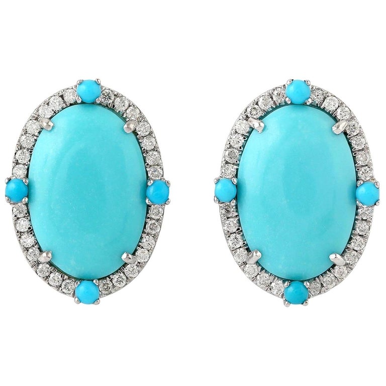 Turquoise Diamond 18 Karat Gold Stud Earrings For Sale at 1stDibs