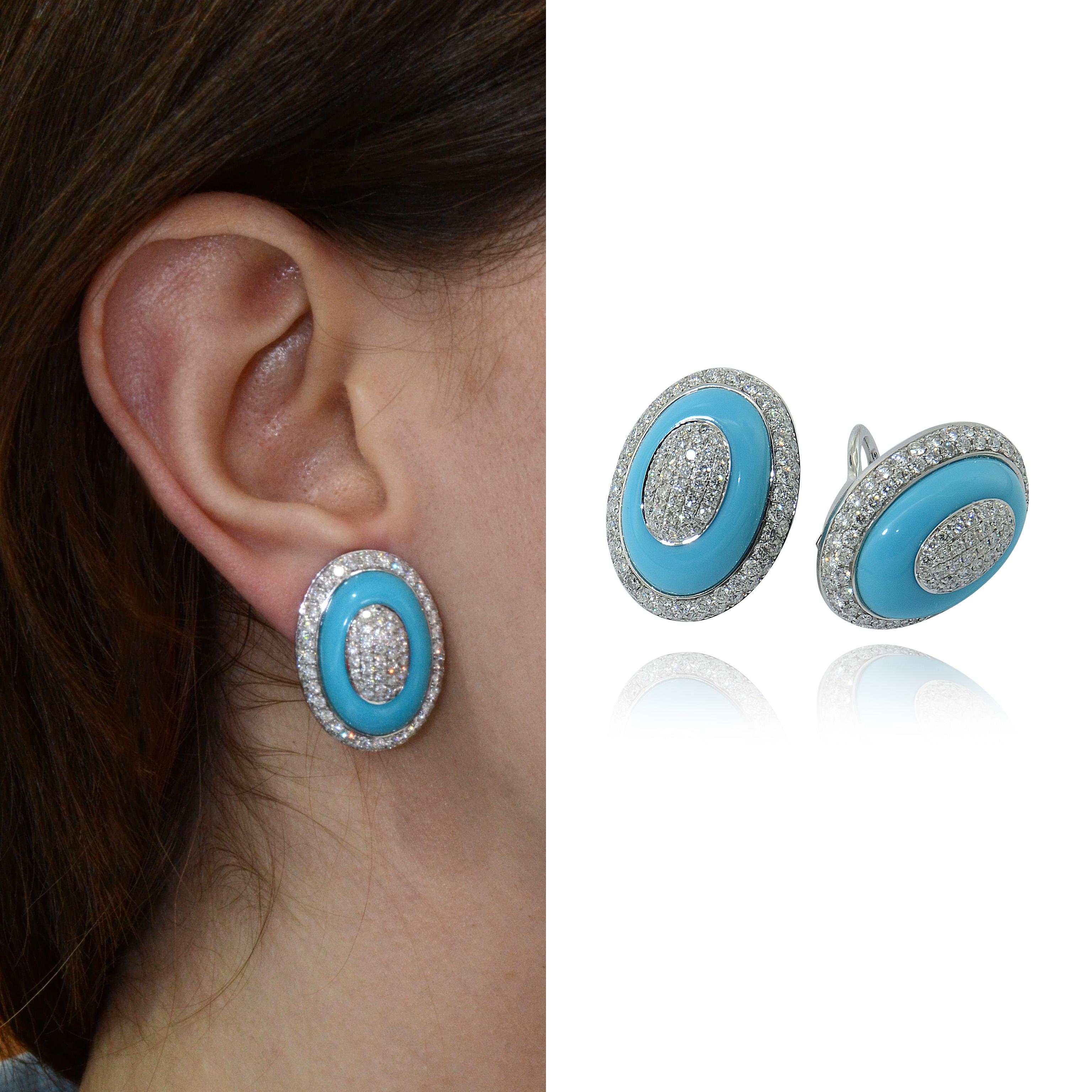 Handcrafted in Margherita Burgener workshop, Valenza, Italy, in 18K white gold, featuring a this layer of natural turquoise of excellent quality and color.  
The ear clips have collapsible fitting and clips. Though they are suitable for no pierced
