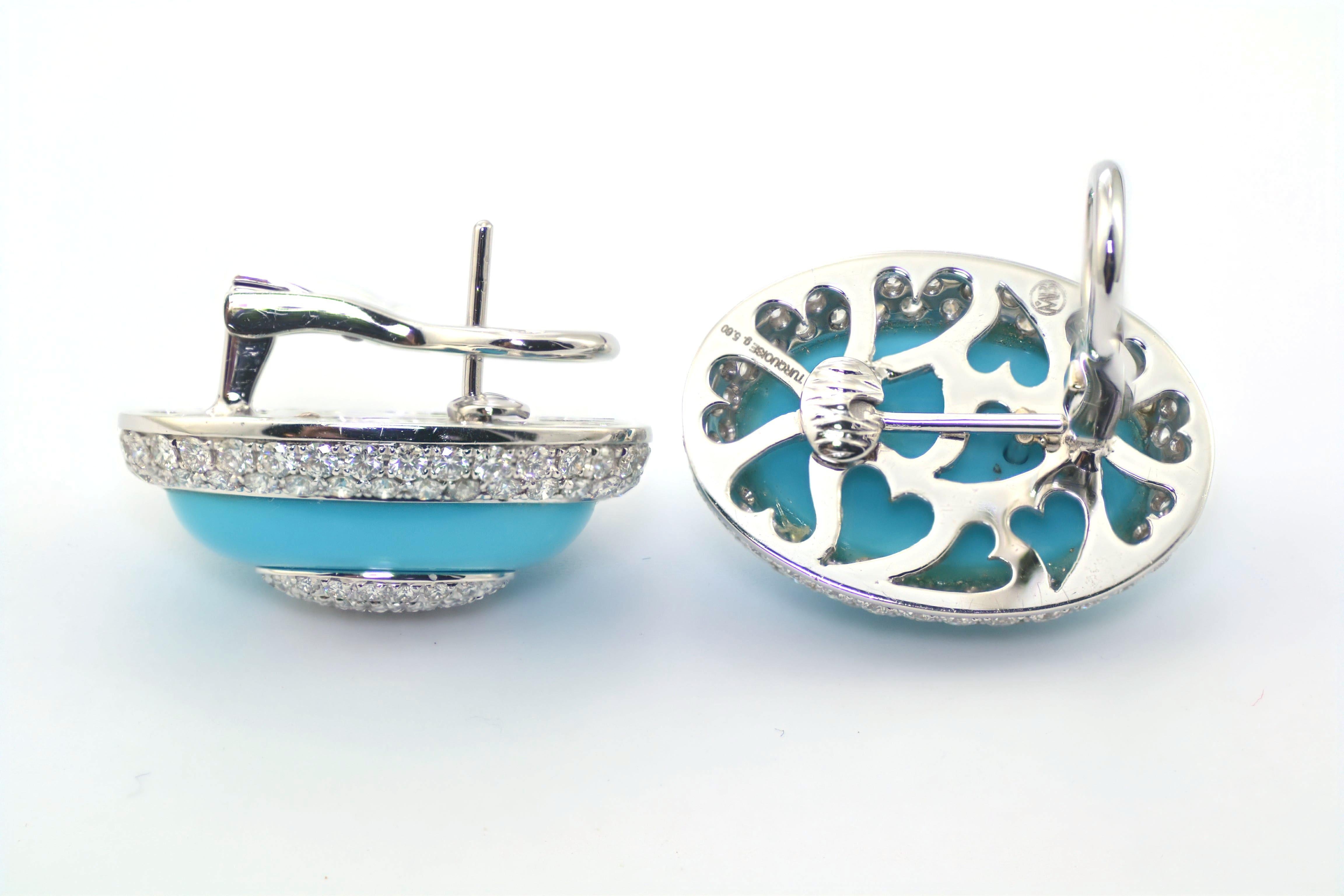 Taille ronde Turquoise Diamant Or blanc 18 carats  Boucles d'oreilles en vente