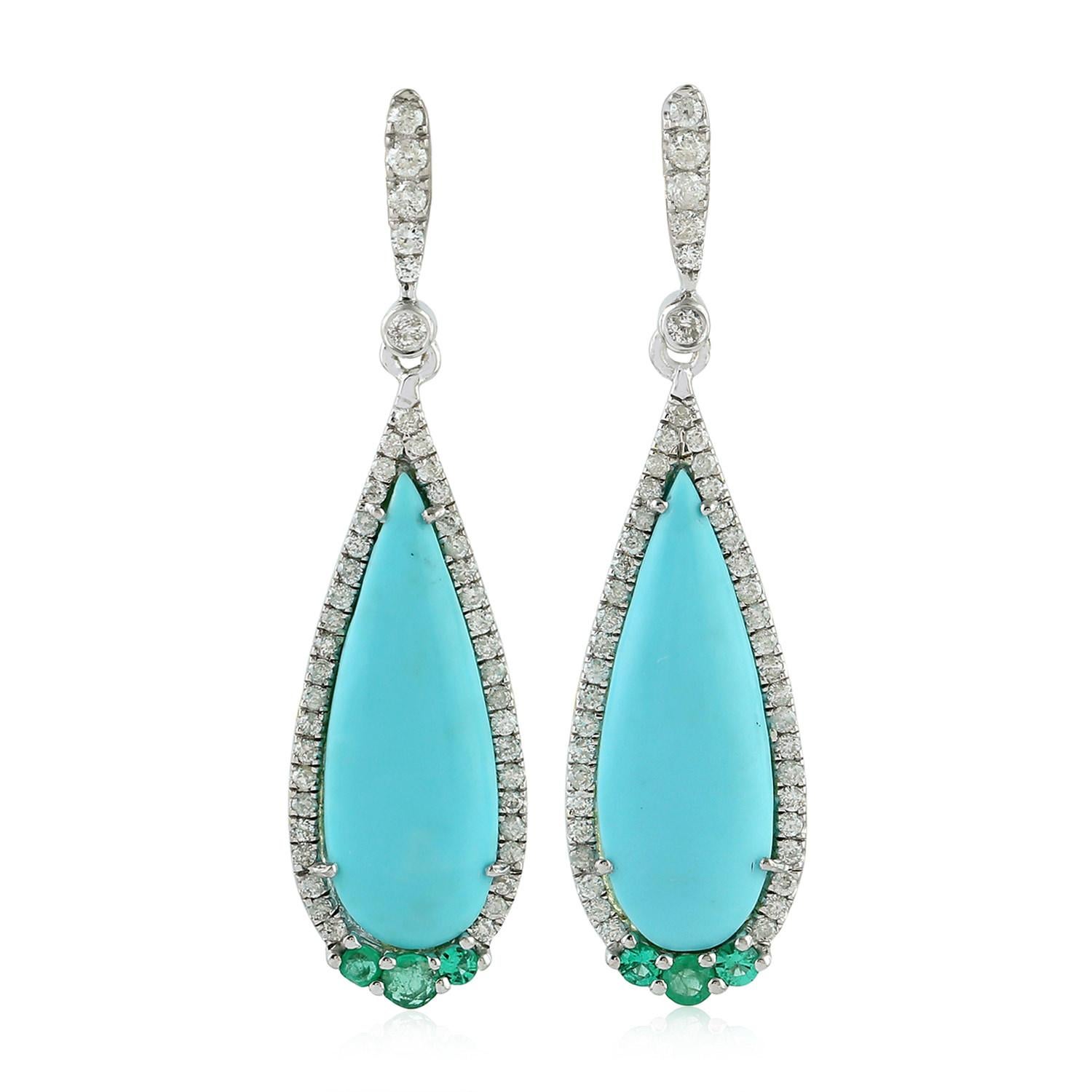 Cabochon Turquoise Diamond 18 Karat White Gold Earrings For Sale