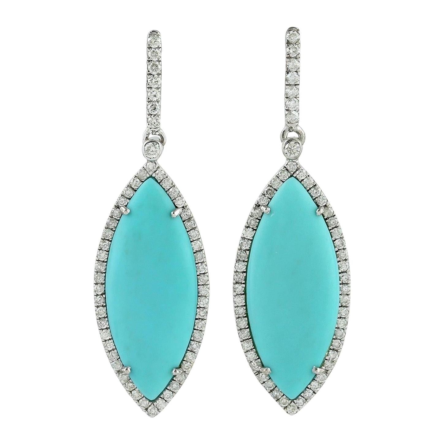 Turquoise Diamond 18 Karat White Gold Marquise Earrings For Sale