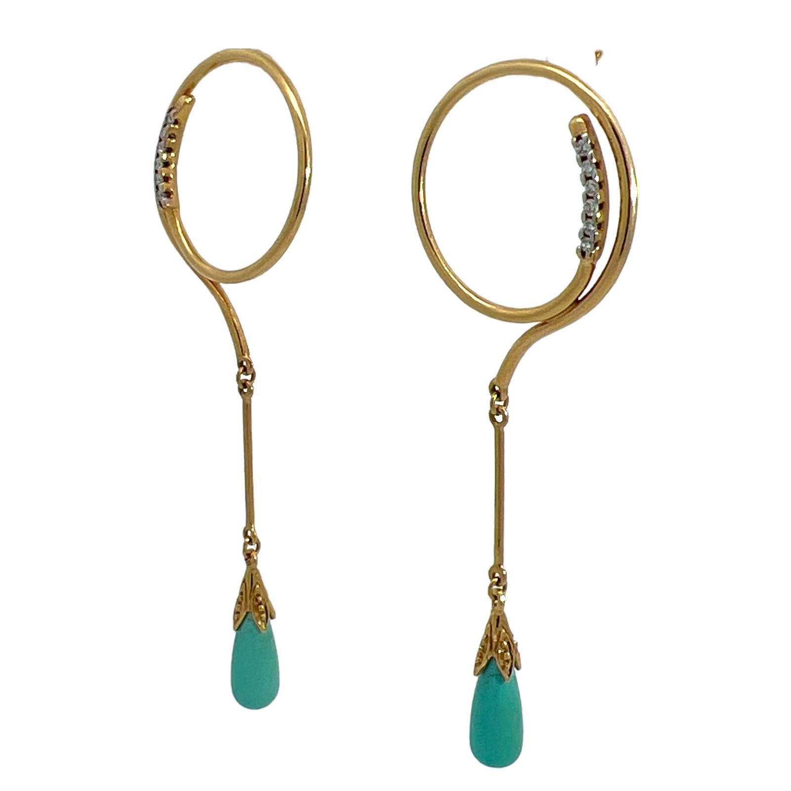 Contemporary Turquoise Diamond 18 Karat Yellow Gold Drop Dangle Earrings