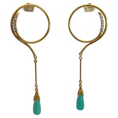 Turquoise Diamond 18 Karat Yellow Gold Drop Dangle Earrings