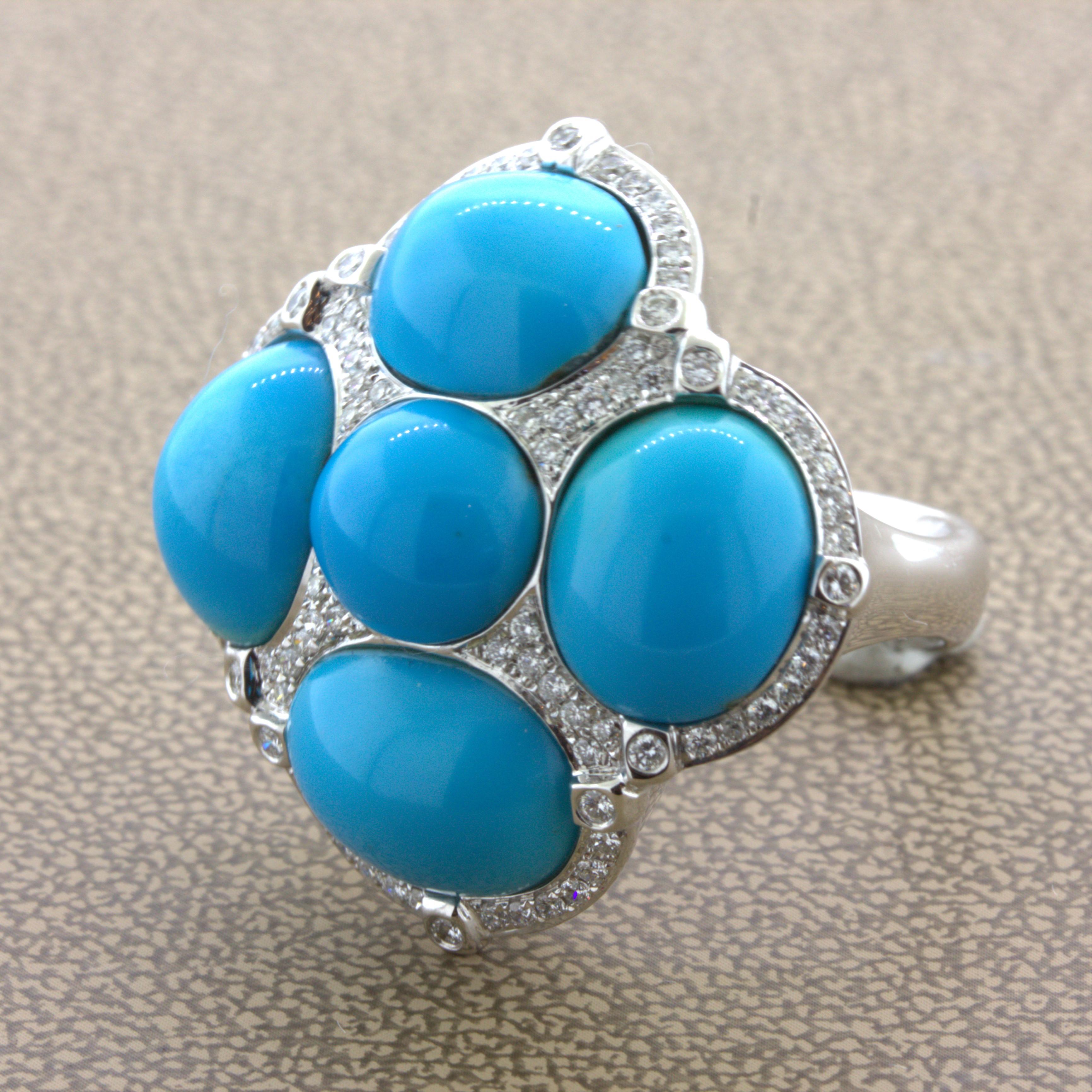 Cabochon Turquoise Diamond 18K White Gold Cocktail Ring For Sale