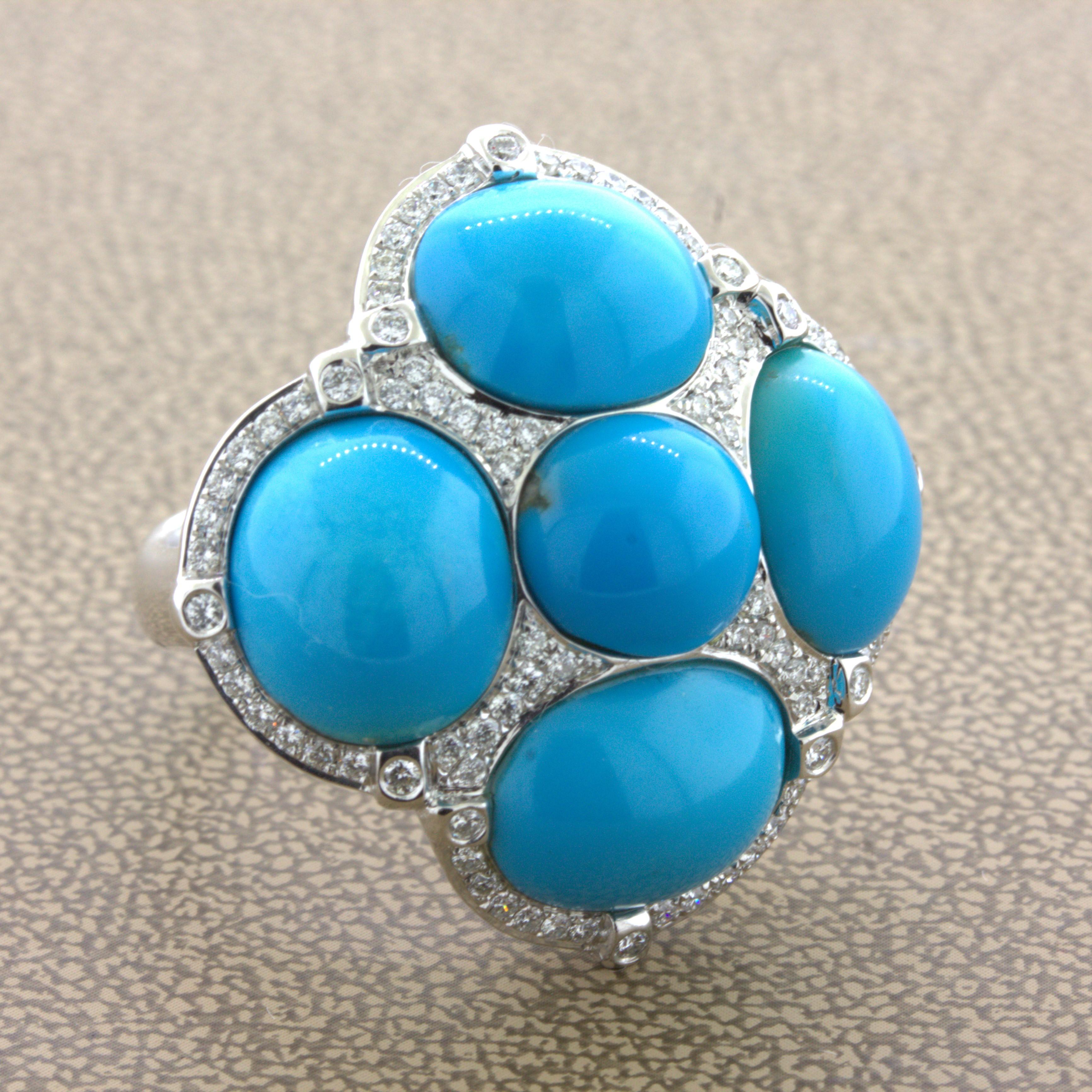 Turquoise Diamond 18K White Gold Cocktail Ring In New Condition For Sale In Beverly Hills, CA