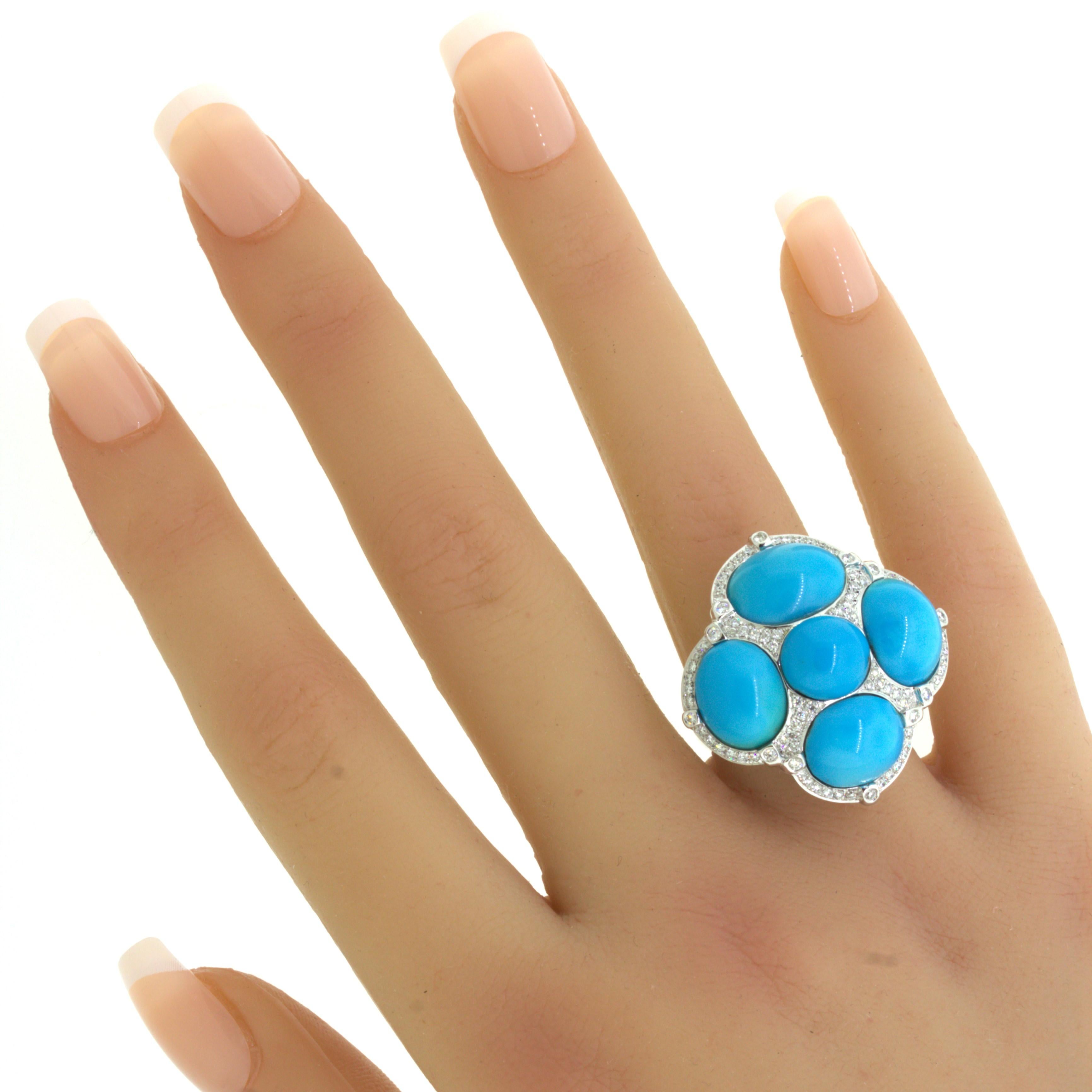Turquoise Diamond 18K White Gold Cocktail Ring For Sale 2