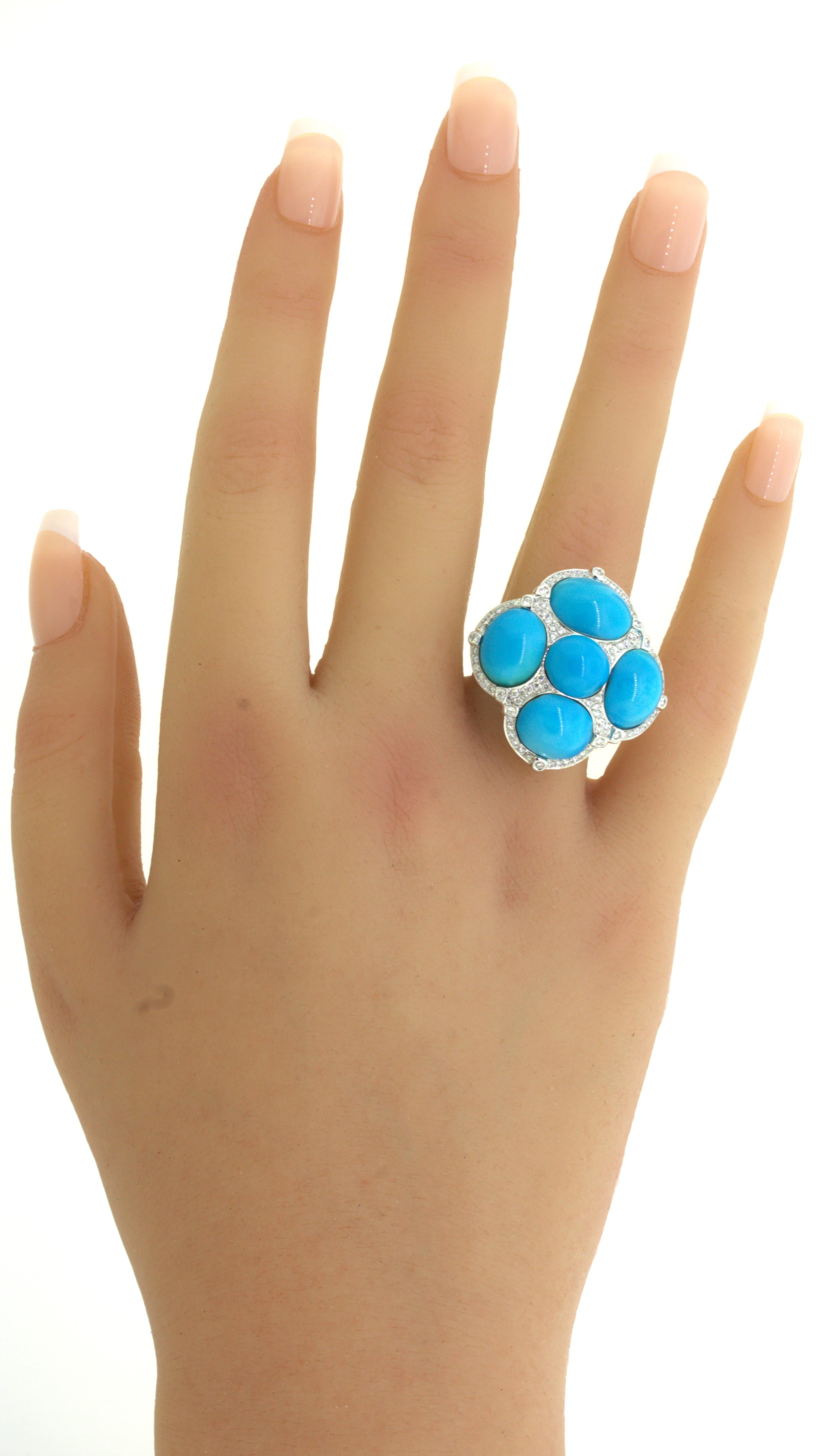 Turquoise Diamond 18K White Gold Cocktail Ring For Sale 3