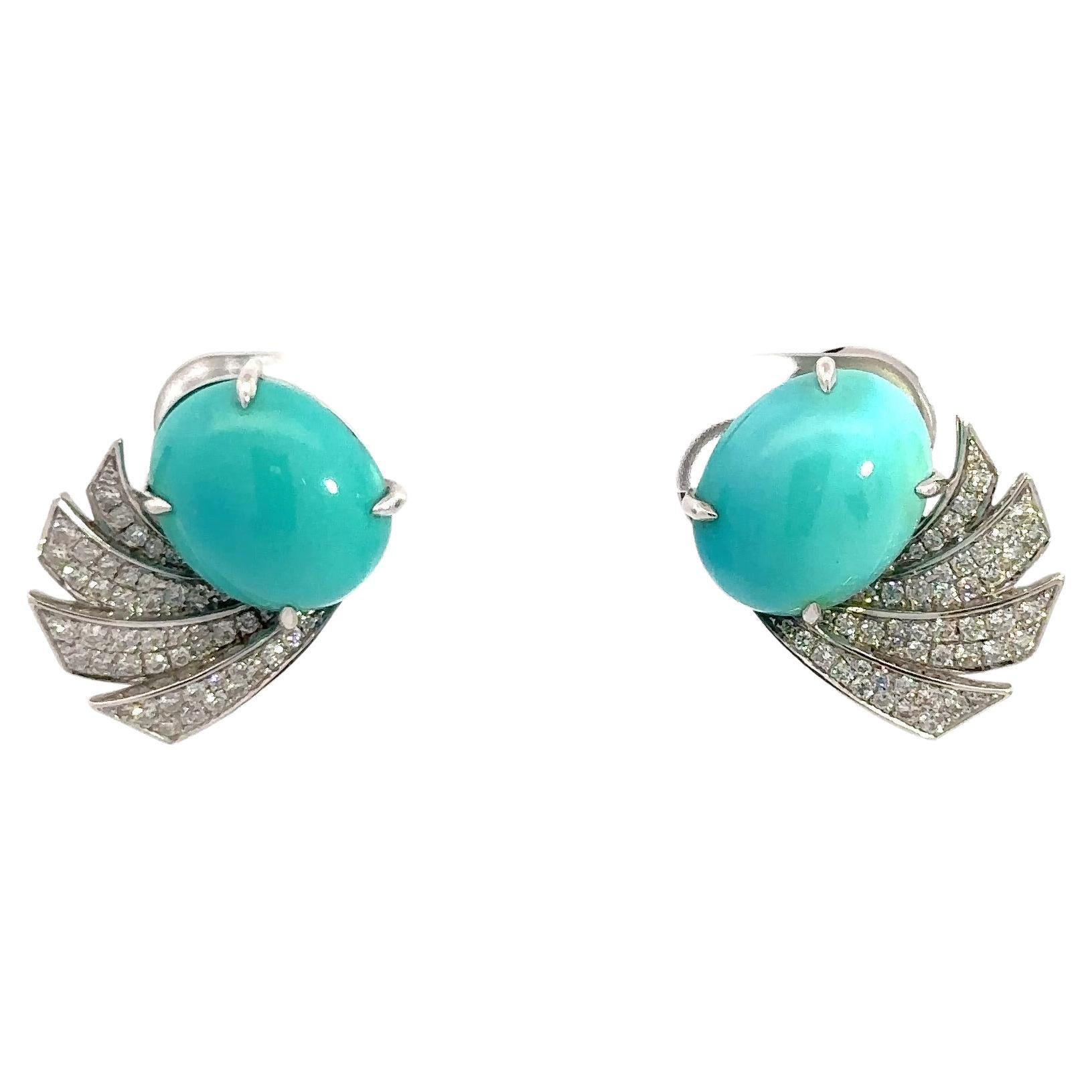 Turquoise Diamond 18K White Gold Exclusive Studs Earrings For Sale