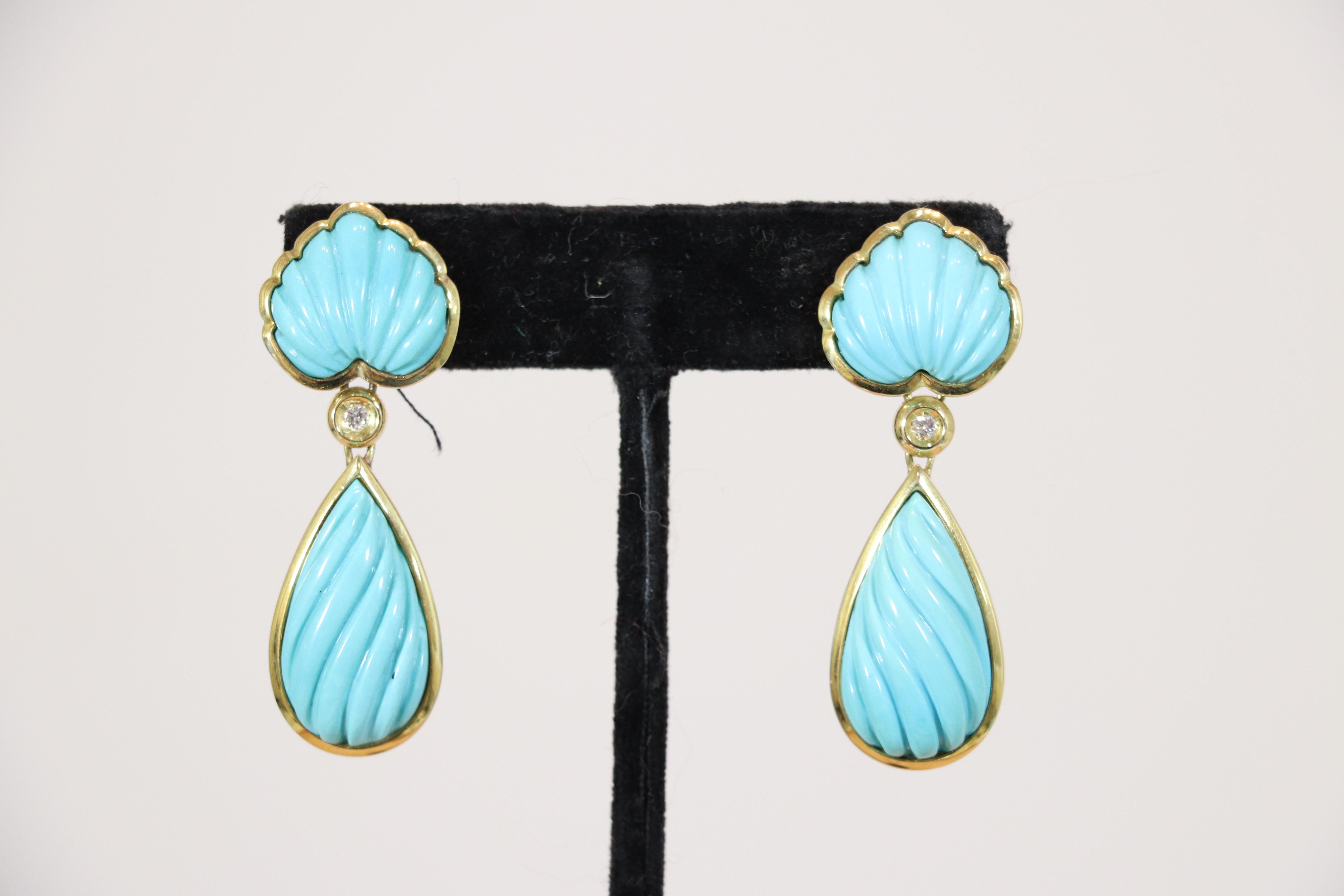 Artisan Sleeping Beauty Turquoise & Diamond 18k Yellow Gold Drop Earrings 