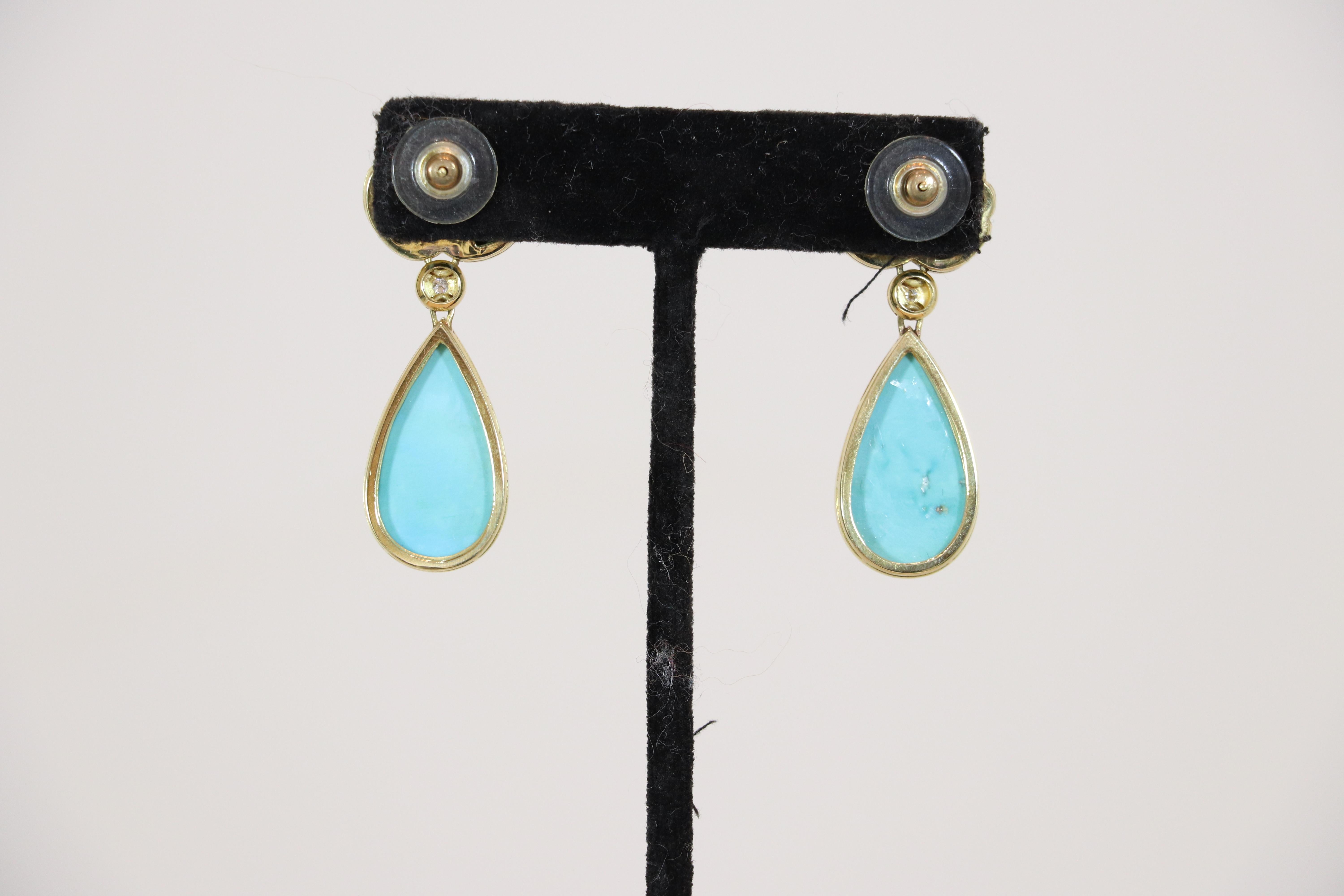 Pear Cut Sleeping Beauty Turquoise & Diamond 18k Yellow Gold Drop Earrings 