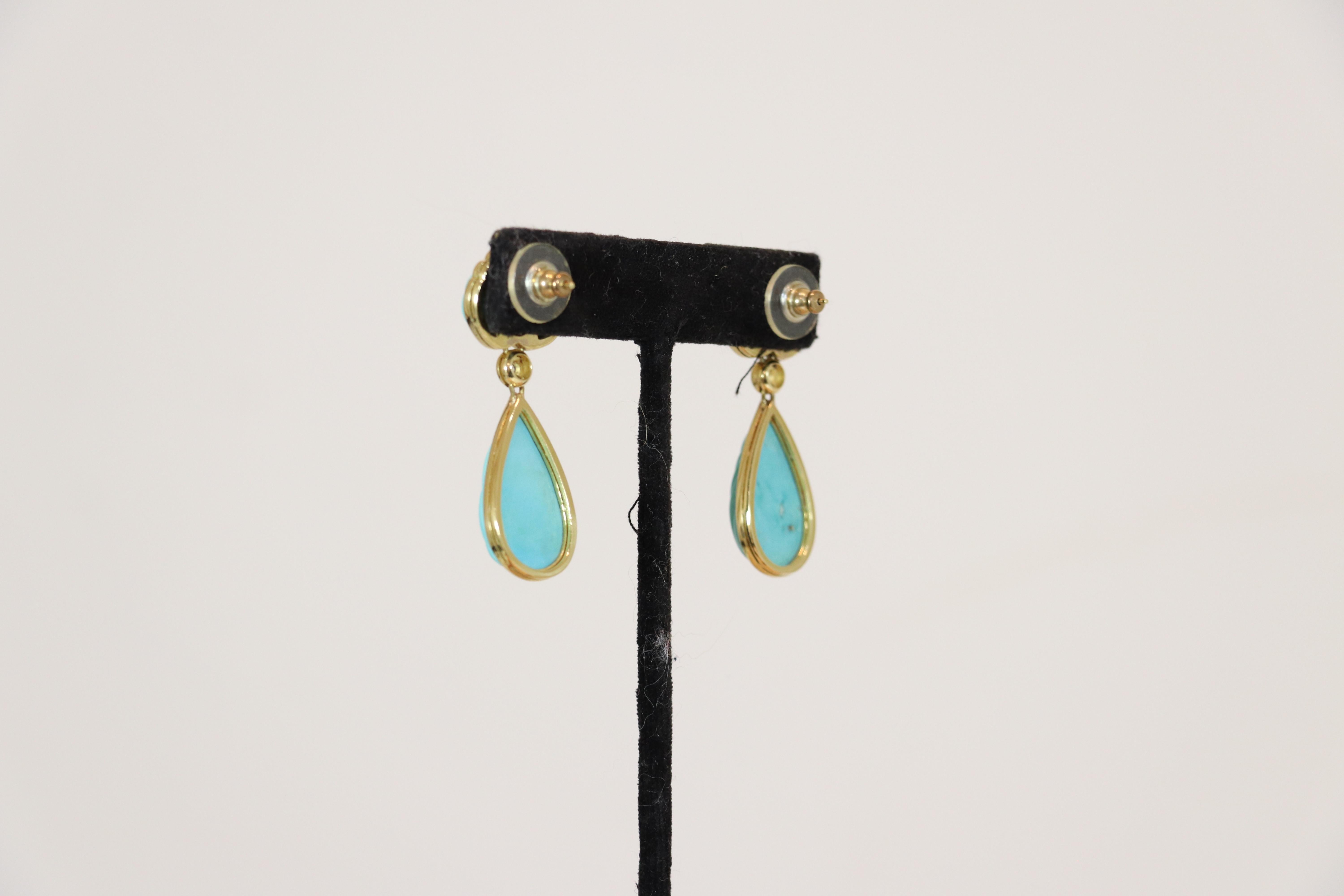 Sleeping Beauty Turquoise & Diamond 18k Yellow Gold Drop Earrings  In Excellent Condition In Carmel, CA