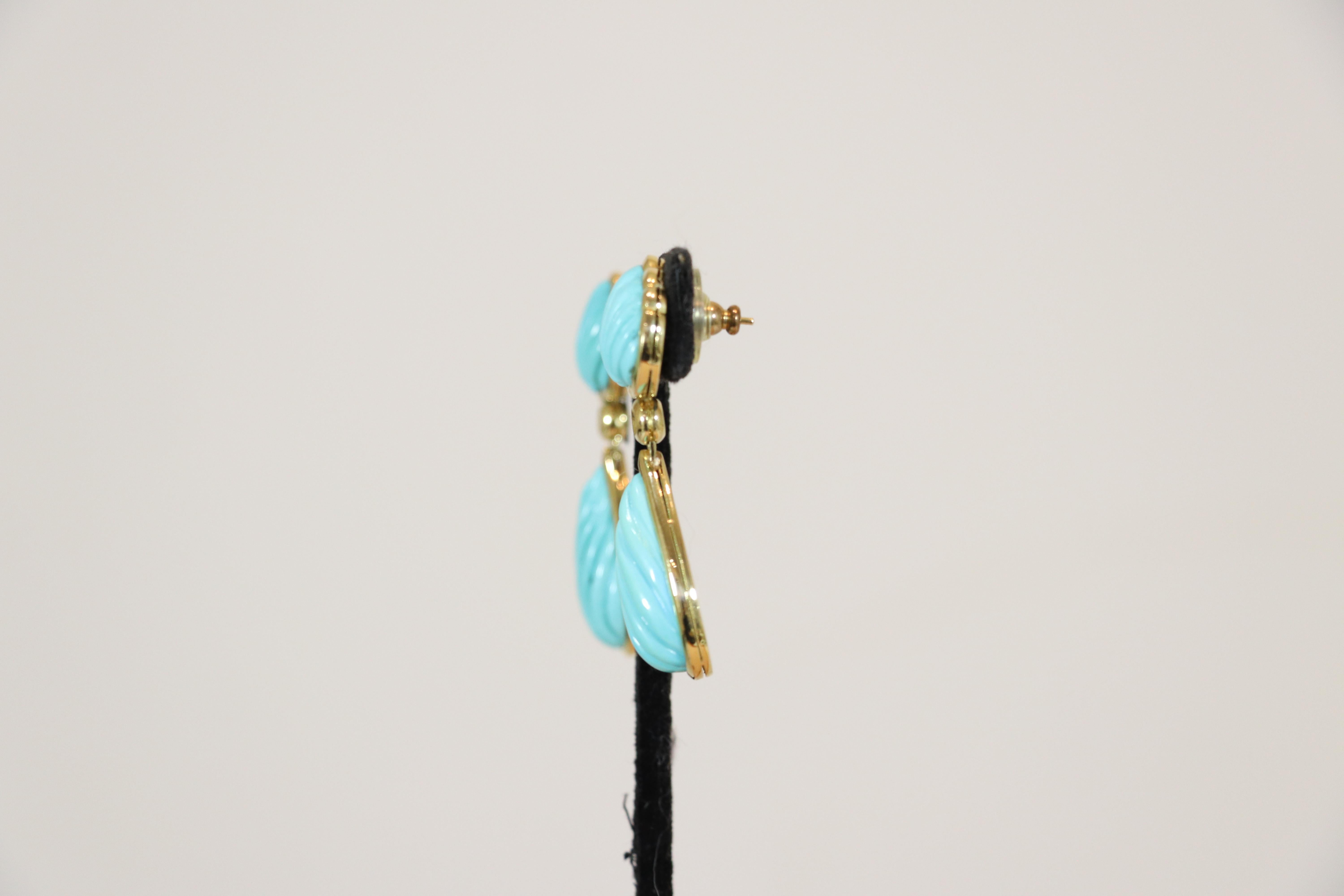 Women's or Men's Sleeping Beauty Turquoise & Diamond 18k Yellow Gold Drop Earrings 