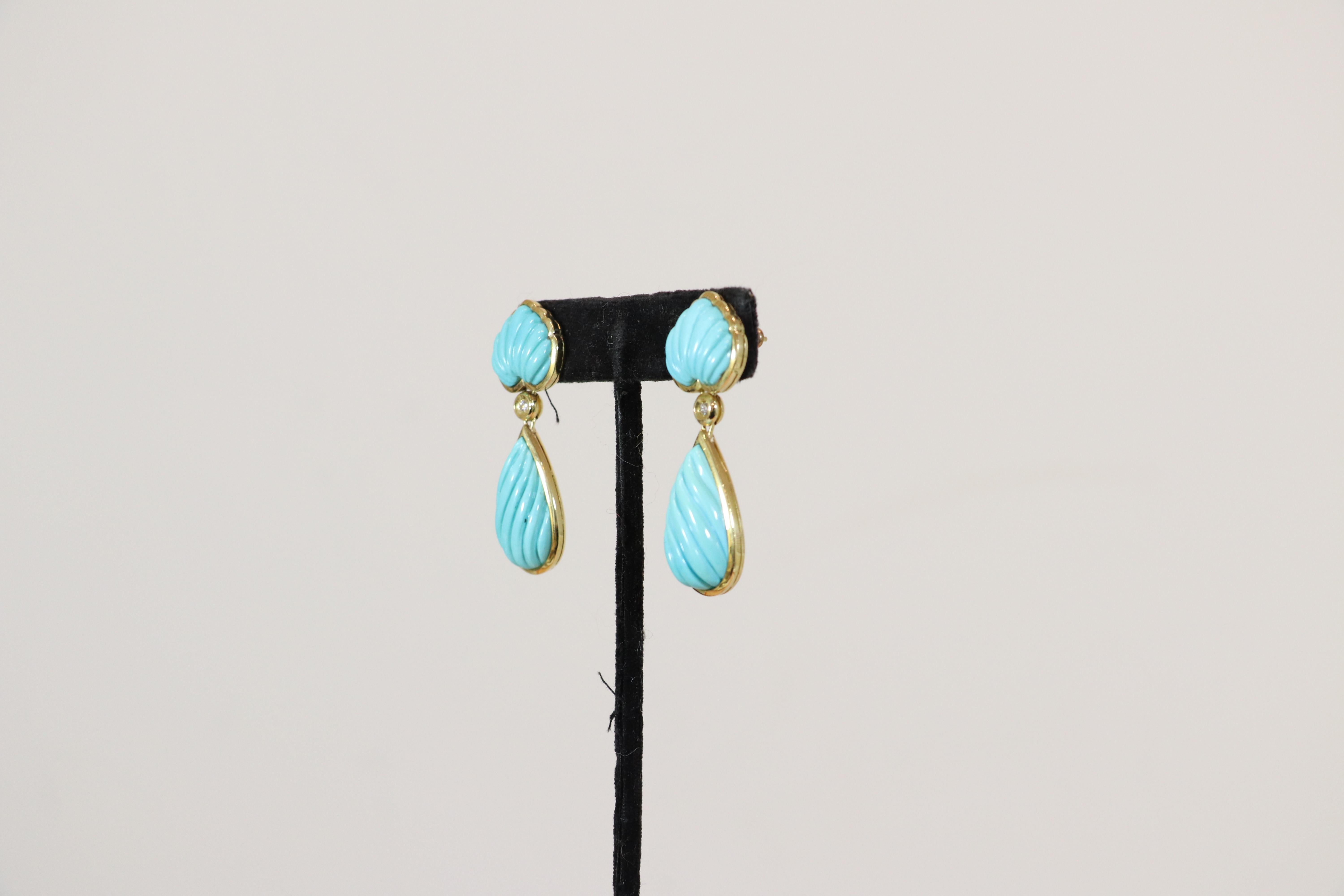 Sleeping Beauty Turquoise & Diamond 18k Yellow Gold Drop Earrings  1