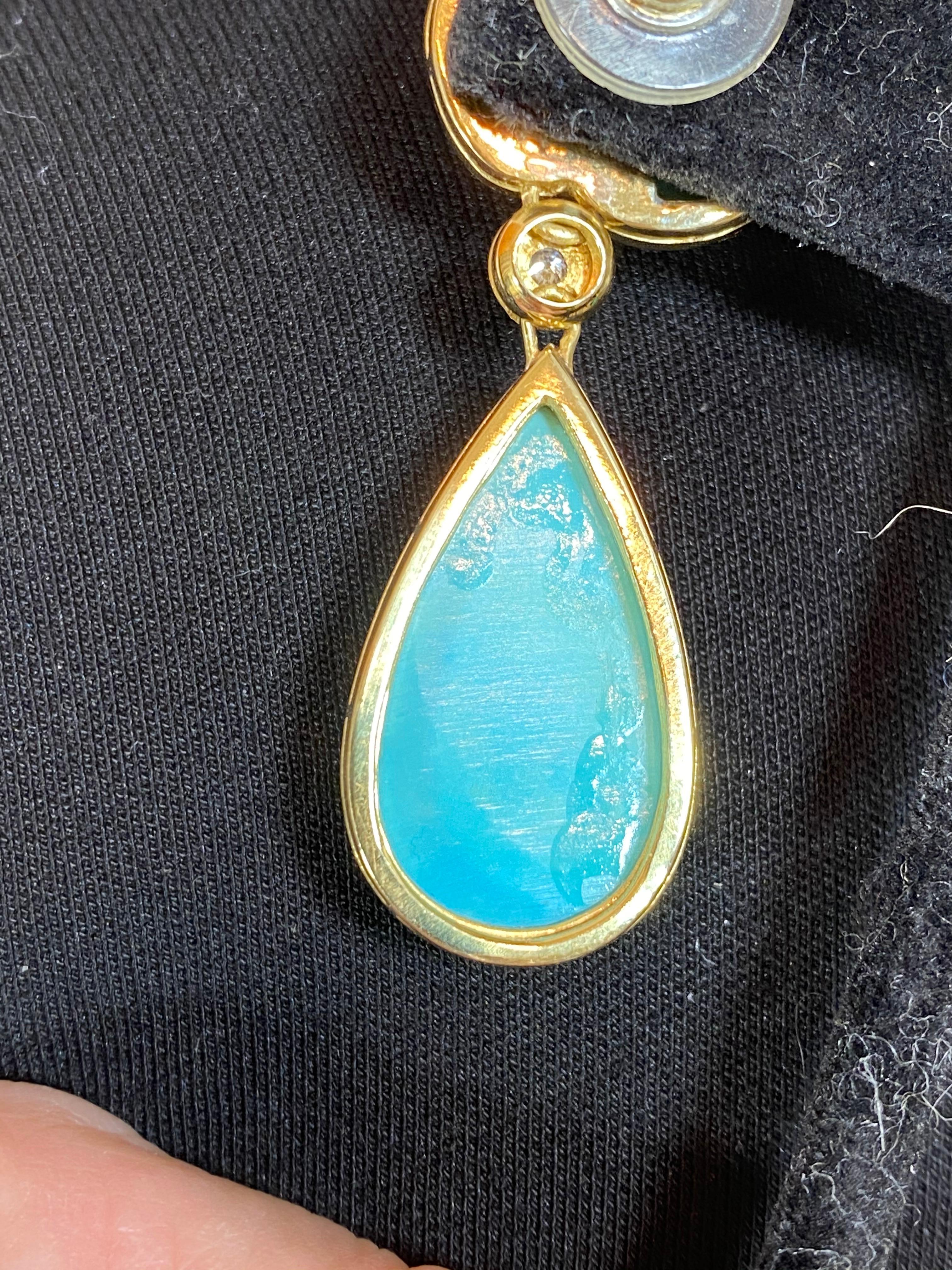 Sleeping Beauty Turquoise & Diamond 18k Yellow Gold Drop Earrings  2