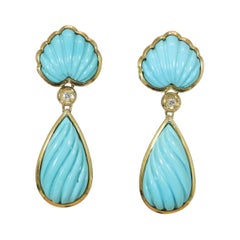 Sleeping Beauty Turquoise & Diamond 18k Yellow Gold Drop Earrings 