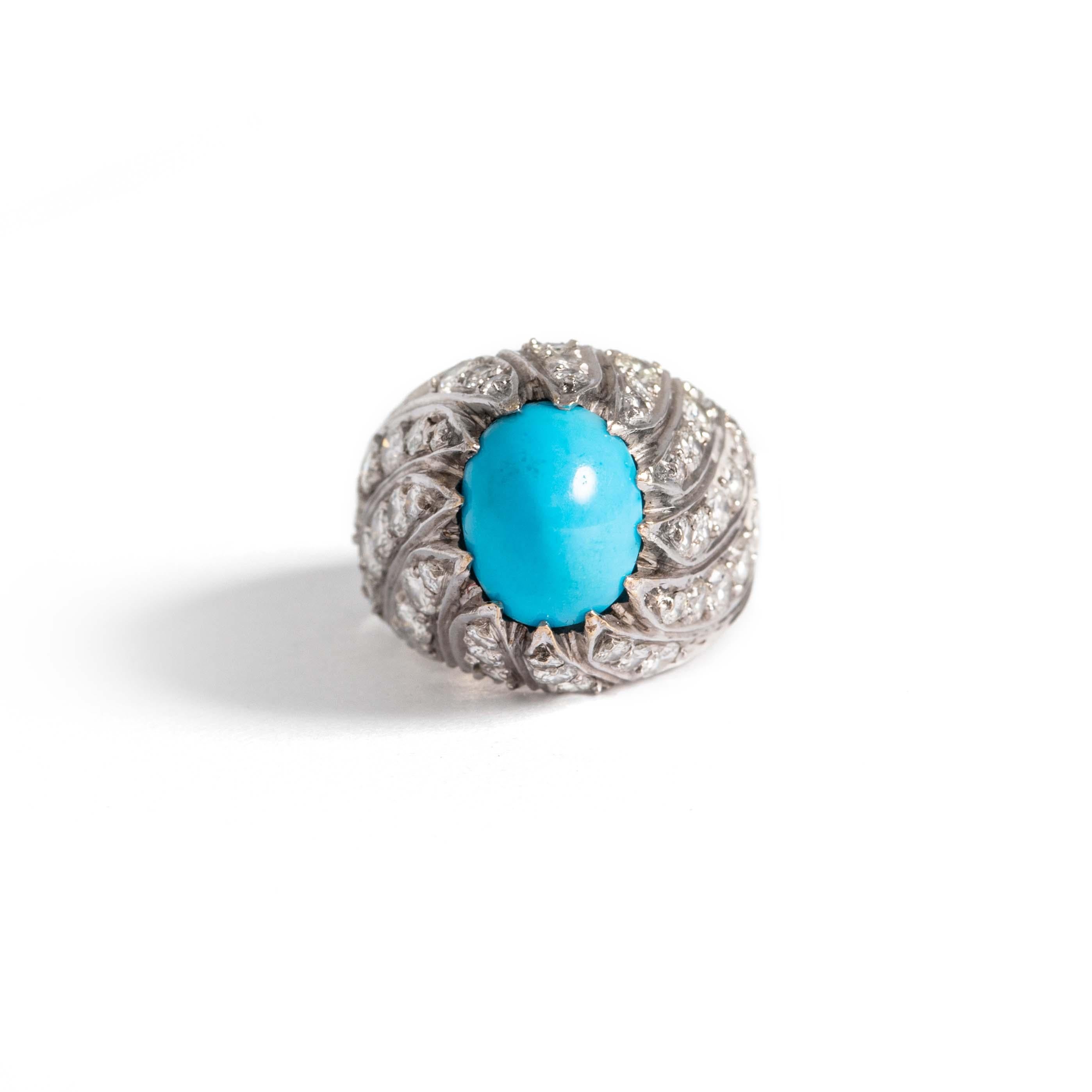 Taille cabochon Turquoise Diamant 18Karat  Bague en or blanc en vente