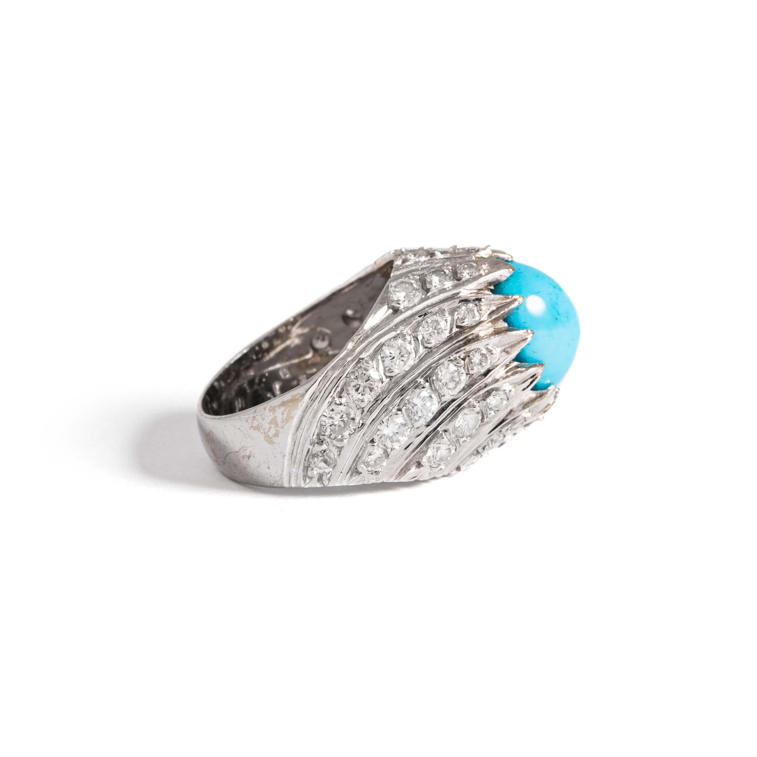 Turquoise Diamant 18Karat  Bague en or blanc Excellent état - En vente à Geneva, CH