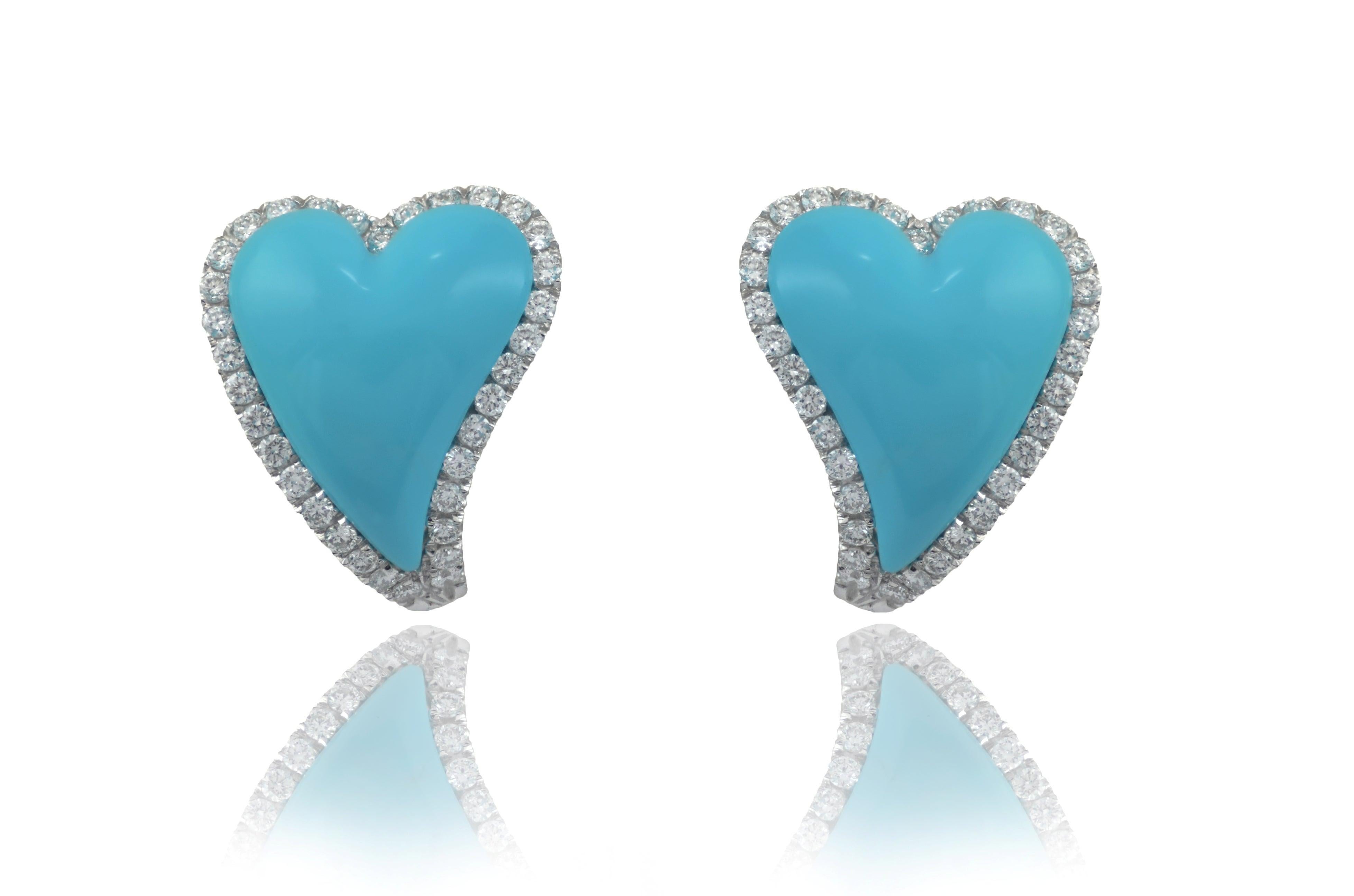 Turquoise Diamond 18 Karat White Gold Made in Italy Hearts Demi-Parure For Sale 3